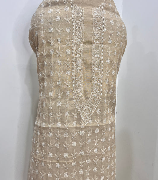 Tissue Chanderi Silk fine Chikankari Kurta Fabric