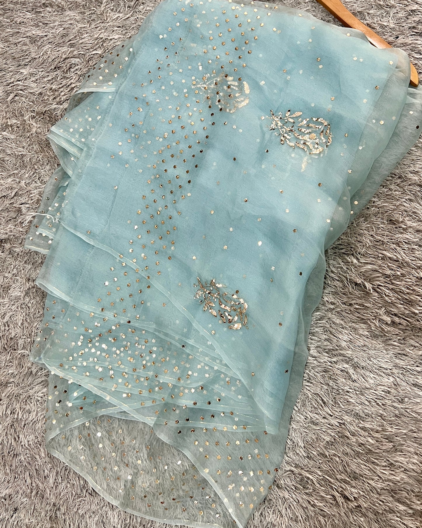 Breezy Blue Pure Organza Saree with Badla and Mukaish Work