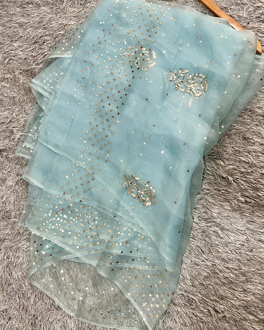 Breezy Blue Pure Organza Saree with Badla and Mukaish Work