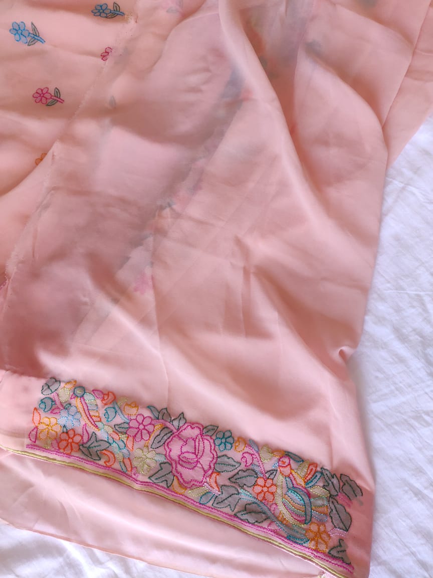 Powder Peach Parsi Gara Multicored Shadow Work kurta and dupatta set