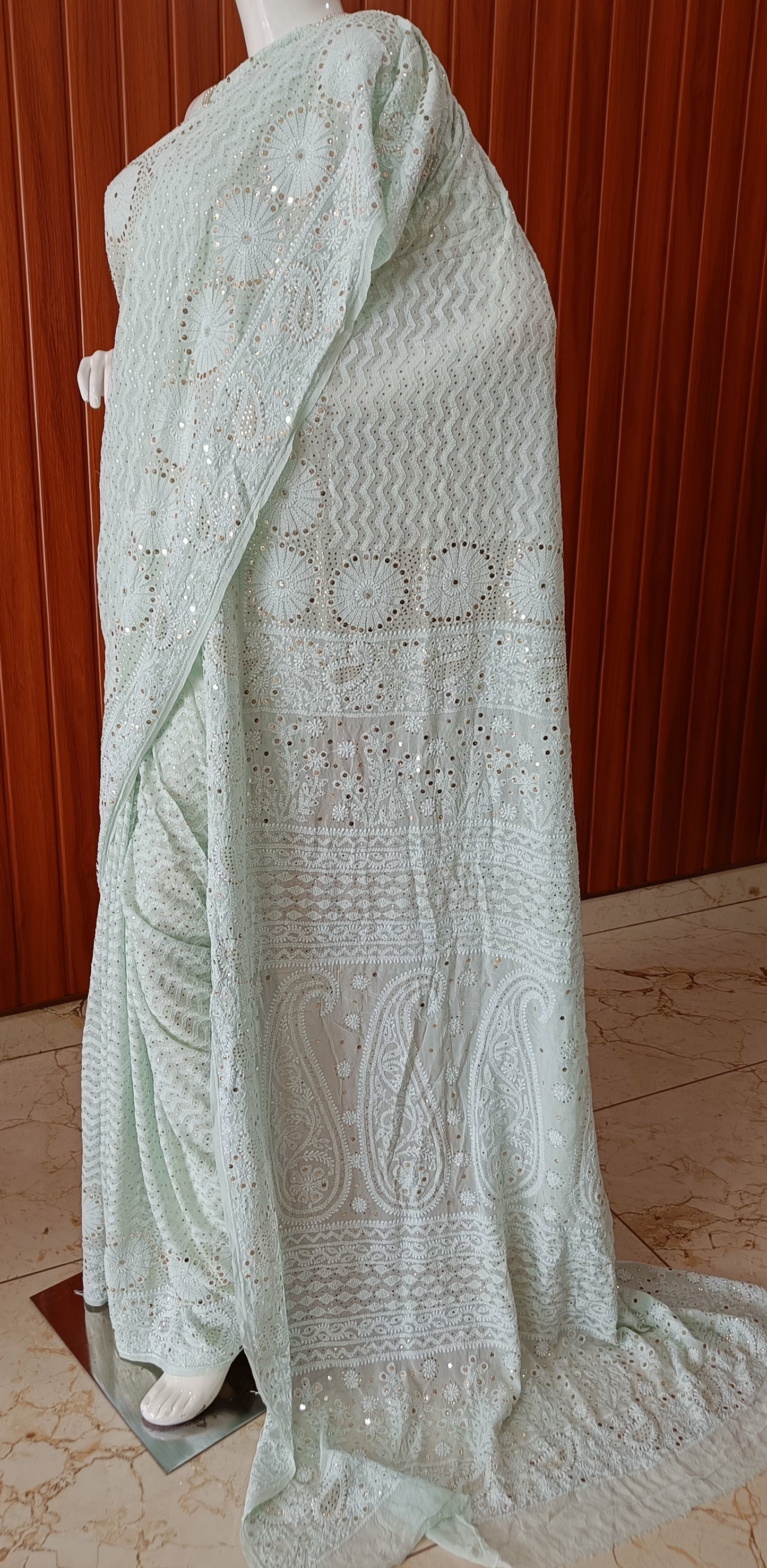 Mint Green Ruhani allover Chikankari and Heavy Mukaish Saree