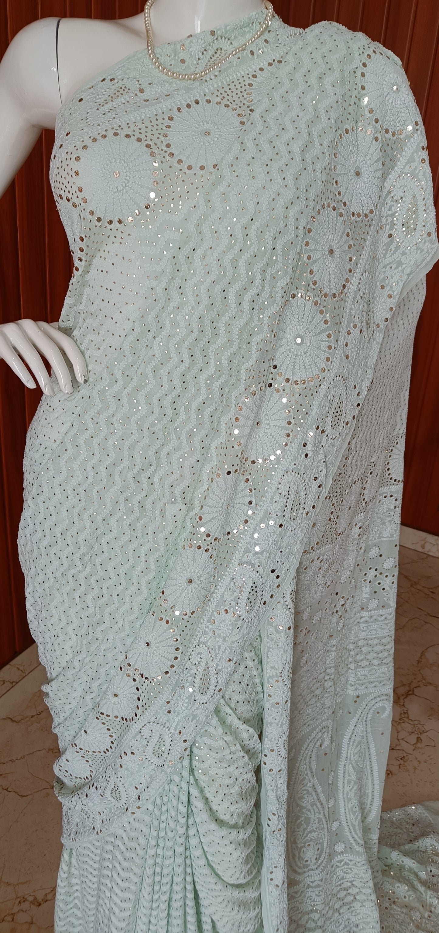 Mint Green Ruhani allover Chikankari and Heavy Mukaish Saree