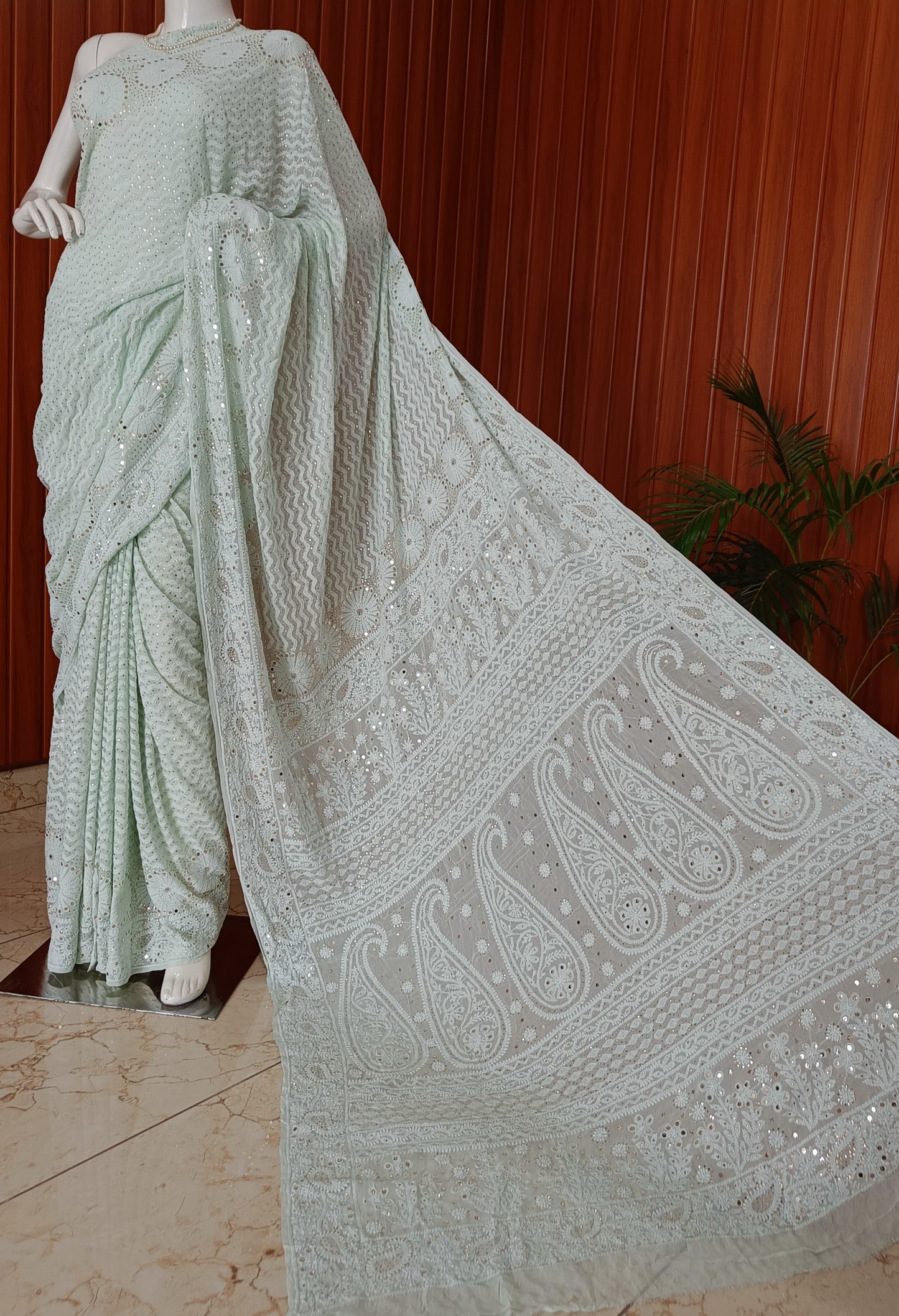 Mint Green Ruhani allover Chikankari and Heavy Mukaish Saree