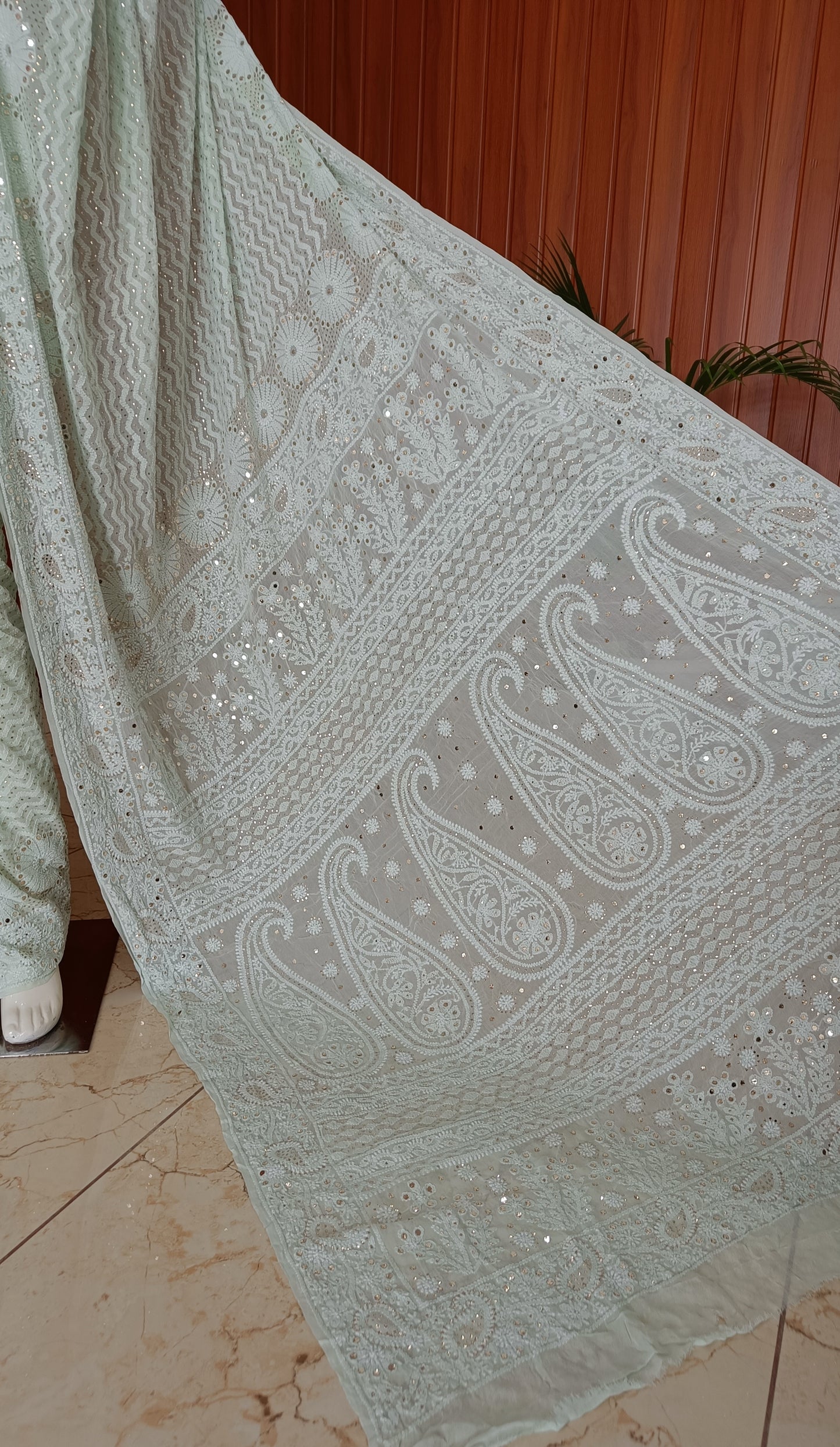 Mint Green Ruhani allover Chikankari and Heavy Mukaish Saree