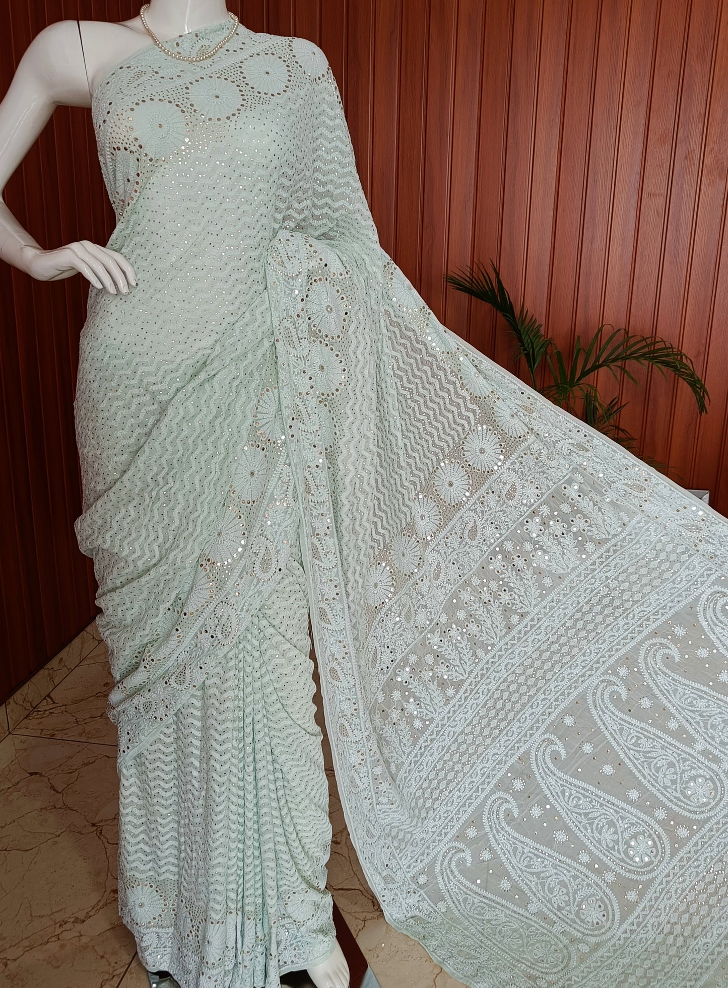 Mint Green Ruhani allover Chikankari and Heavy Mukaish Saree