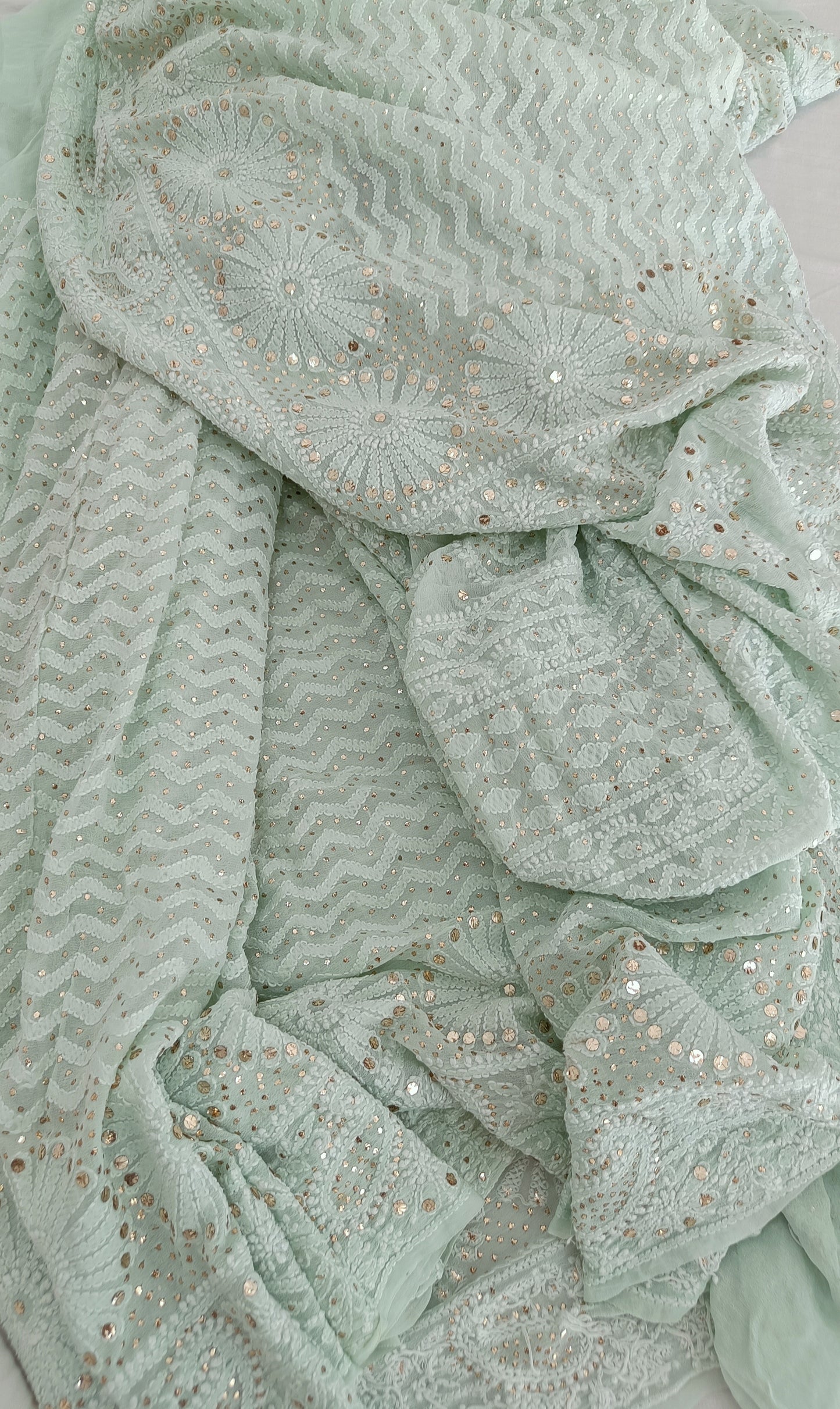 Mint Green Ruhani allover Chikankari and Heavy Mukaish Saree