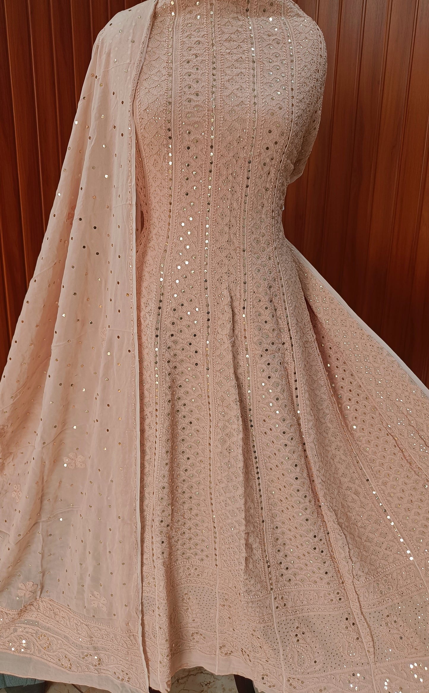 Dusty Nude Allover Chikankari and Heavy Mukaish Anarkali with Dupatta