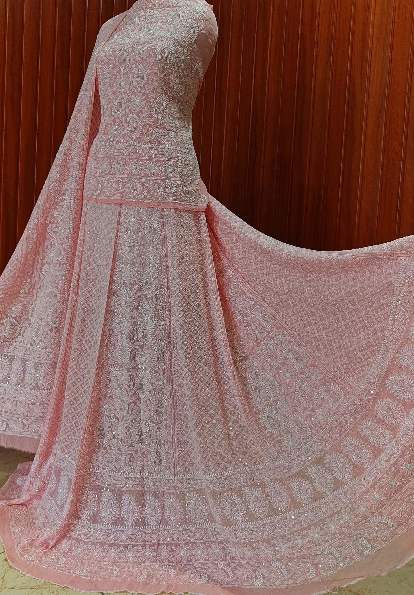 Ruhani Peachy Pink Chikankari Cut Dana and Sequins Wedding Lehenga