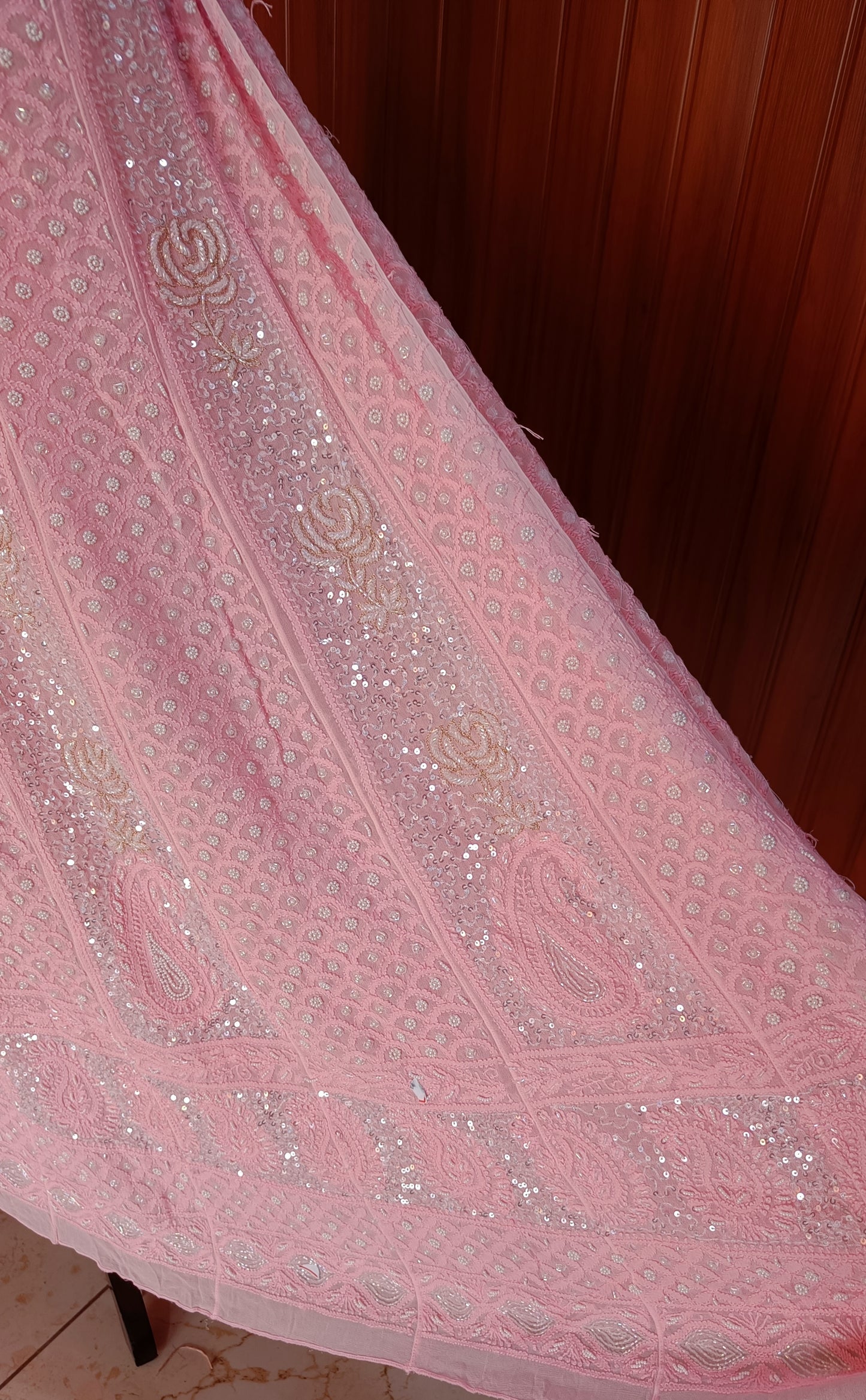 Coral Pink Chikankari Pearl Cut Dana Sequins Embroidered Anarkali with Dupatta
