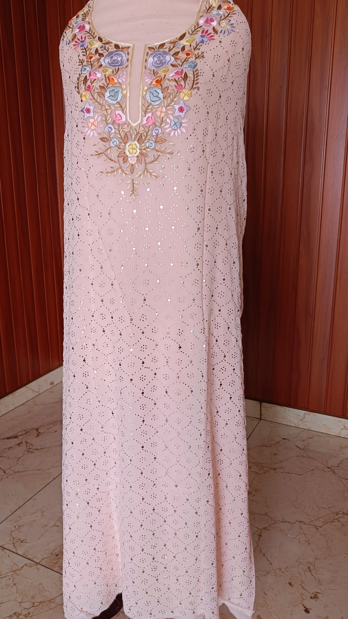 Powder Peach Parsi Gara & Allover Mukaish Kurta and Dupatta Set