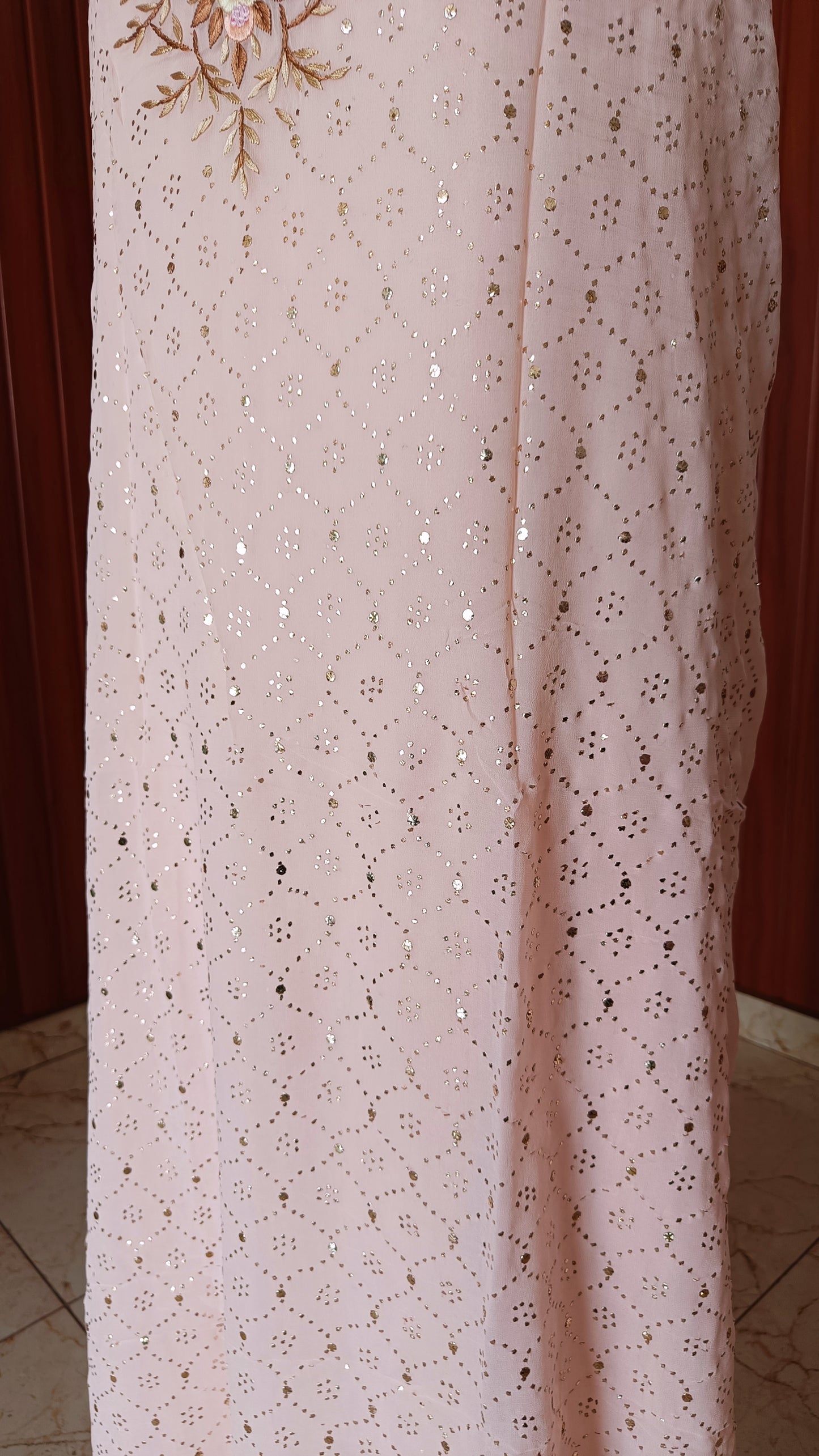 Powder Peach Parsi Gara & Allover Mukaish Kurta and Dupatta Set