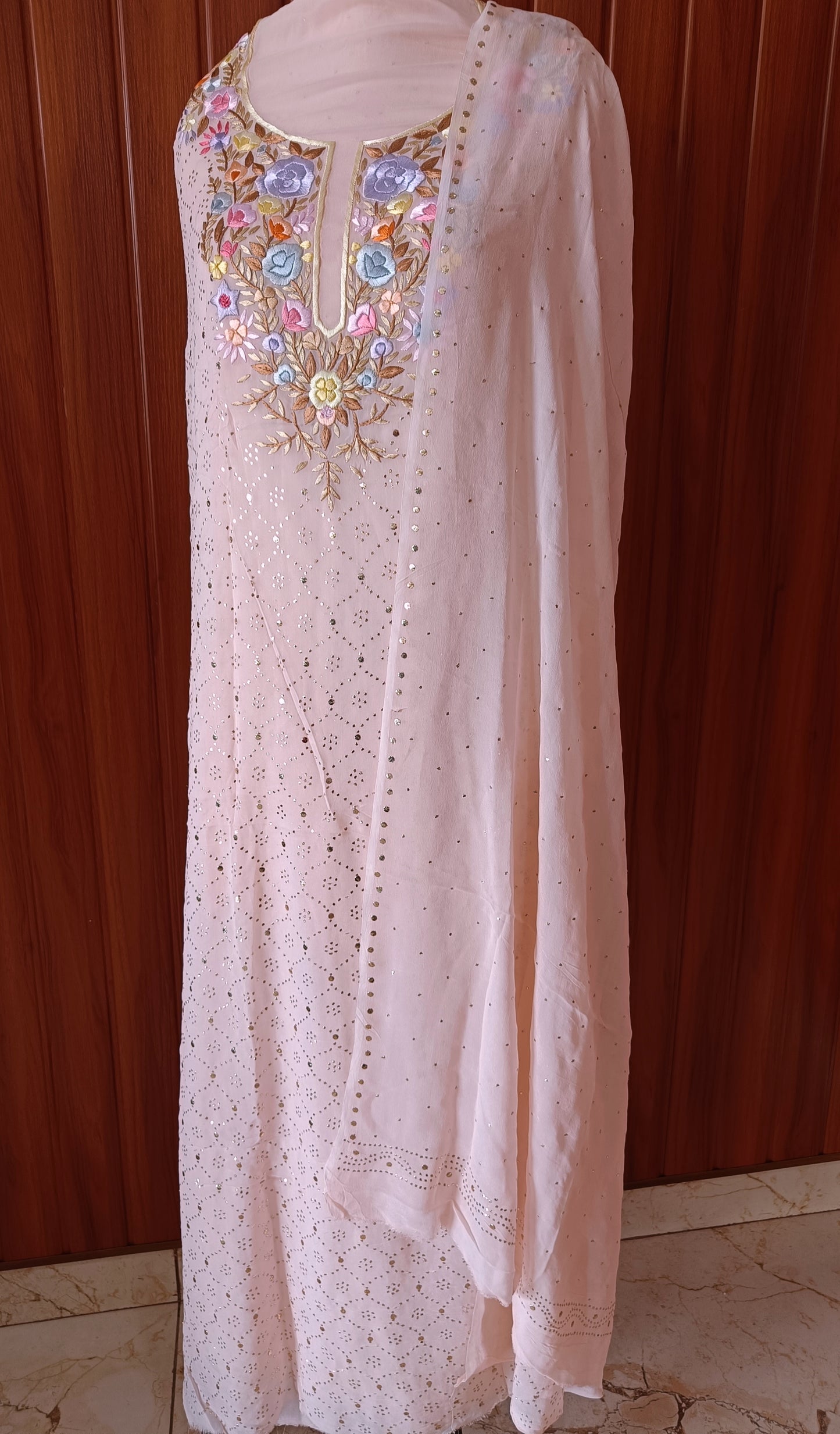 Powder Peach Parsi Gara & Allover Mukaish Kurta and Dupatta Set