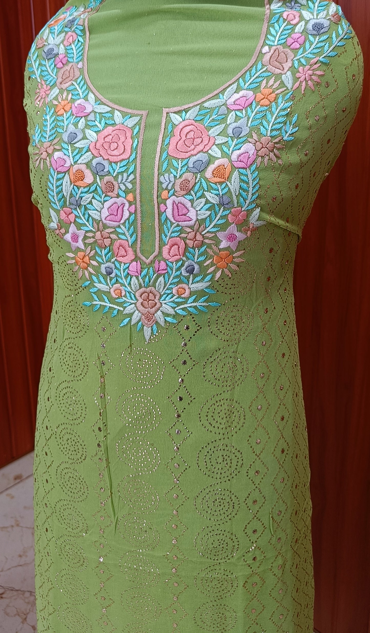 Pista Green Parsi Gara & Allover Mukaish Kurta and Dupatta Set