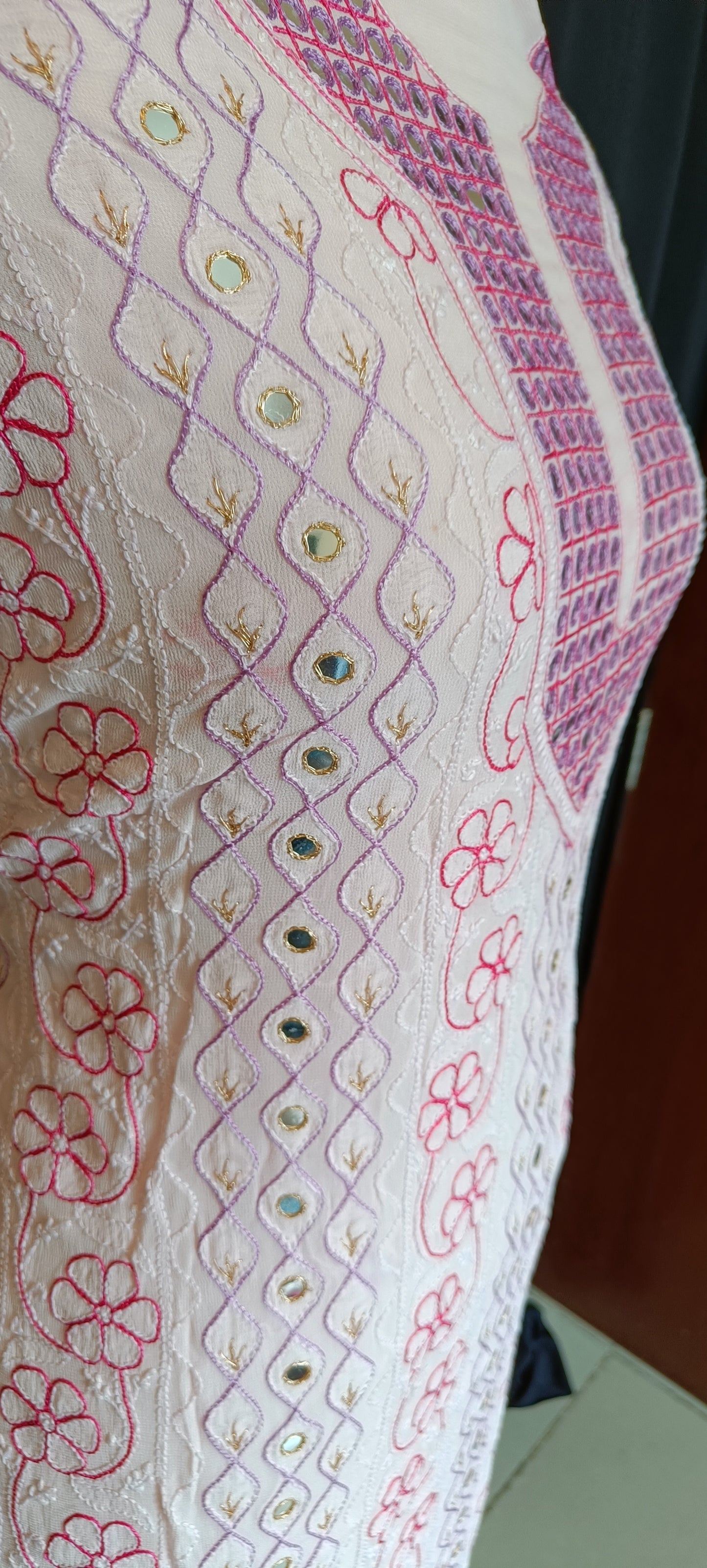 Powder Pink Chikankari and multicolored resham embroidery