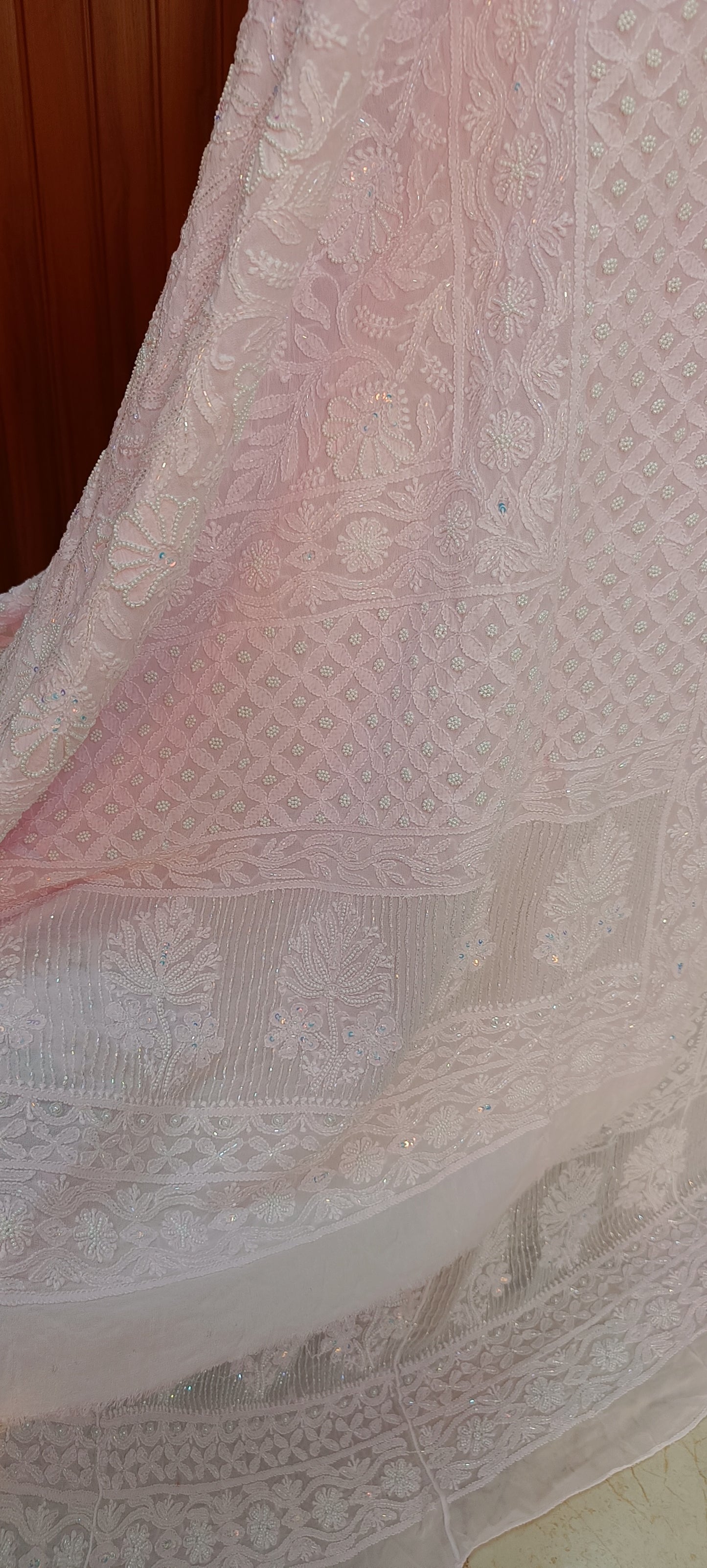 Ruhani Light Pink Chikankari Cut Dana Pearl Sequins Wedding Lehenga