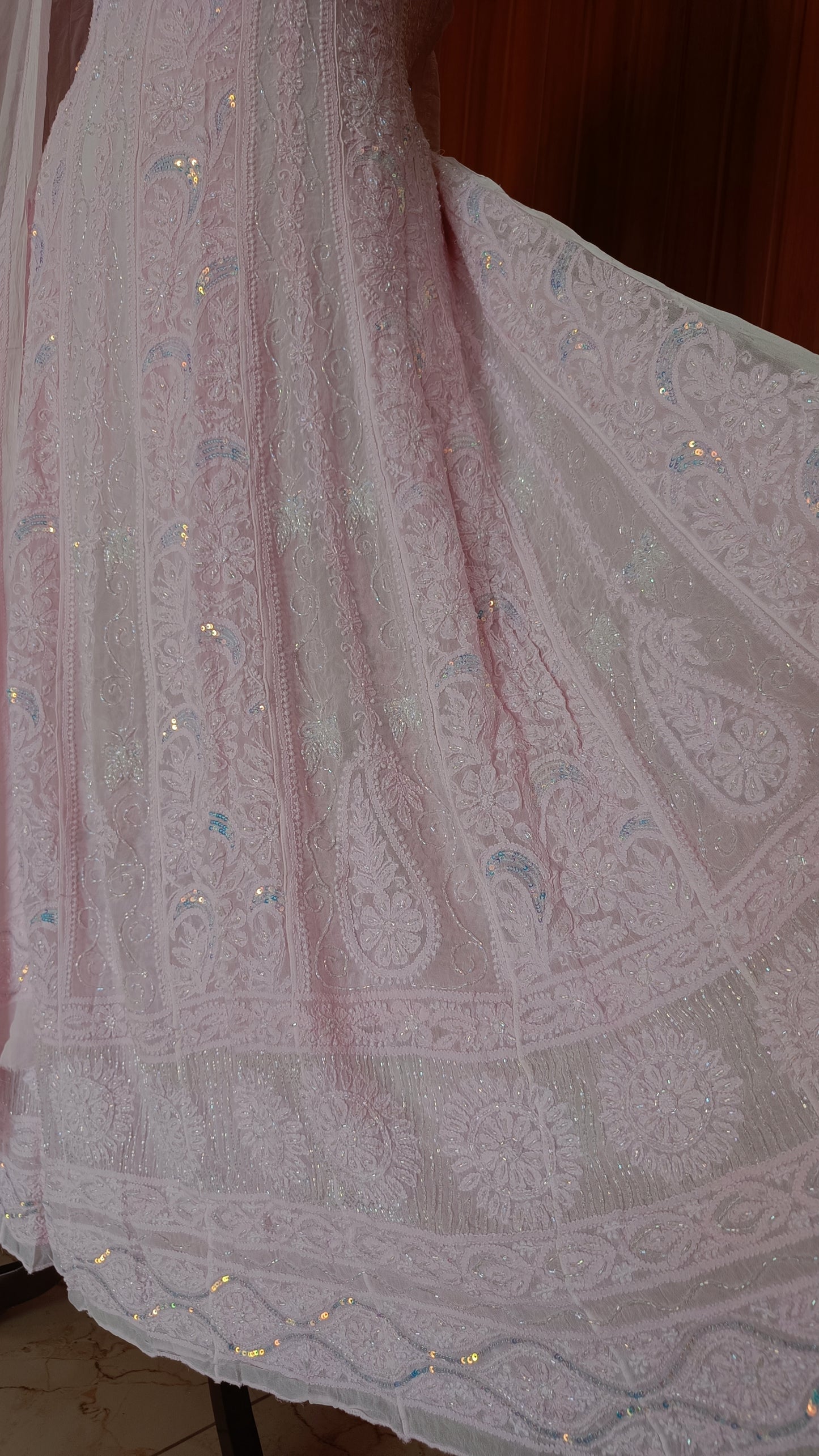 Baby Pink Chikankari Pearl Cut Dana Sequins Embroidered Anarkali with Dupatta