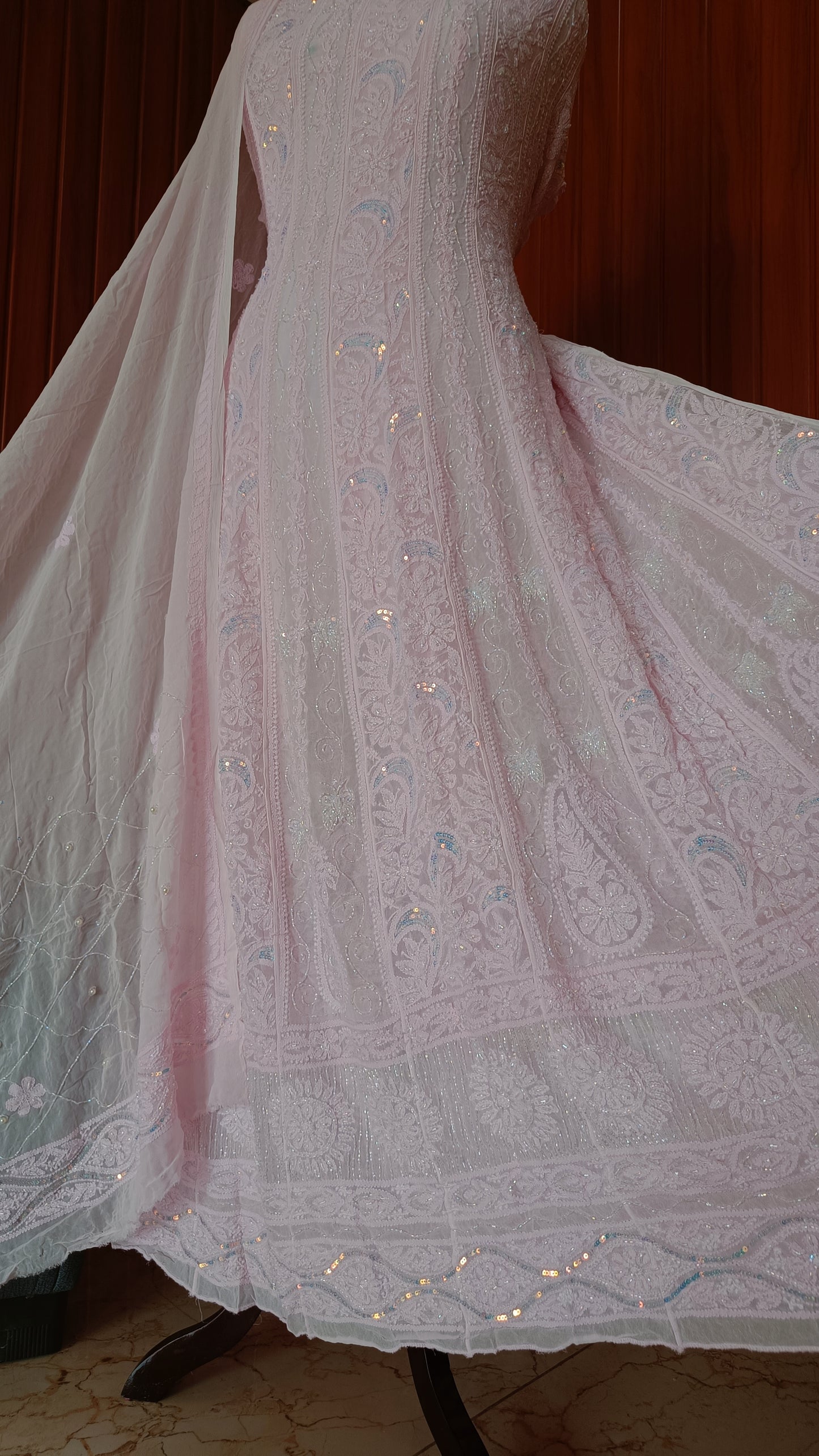 Baby Pink Chikankari Pearl Cut Dana Sequins Embroidered Anarkali with Dupatta