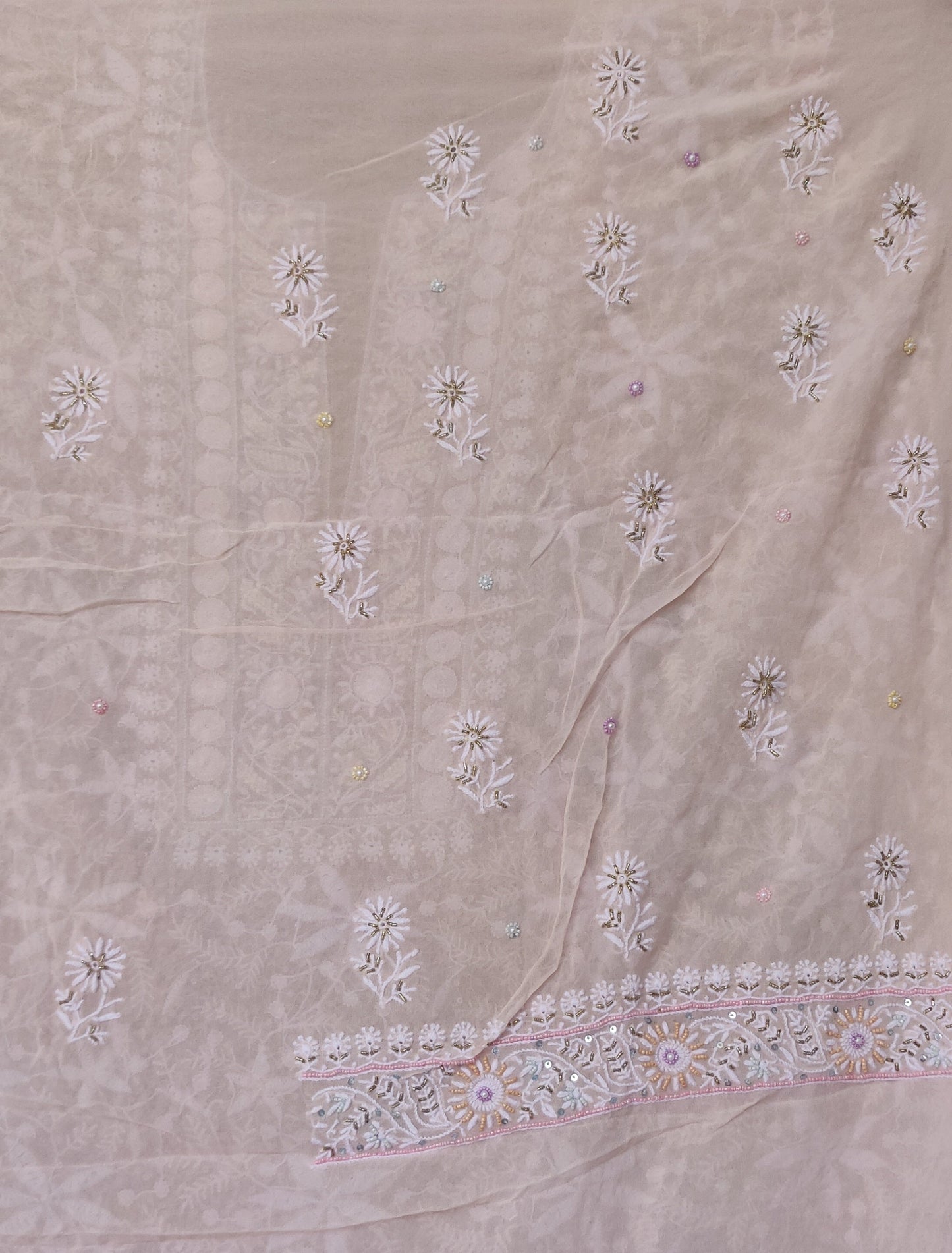 Ruhani Dusty Pink Chikankari with Multicolored Sequins Pearl and Cut Dana Suit