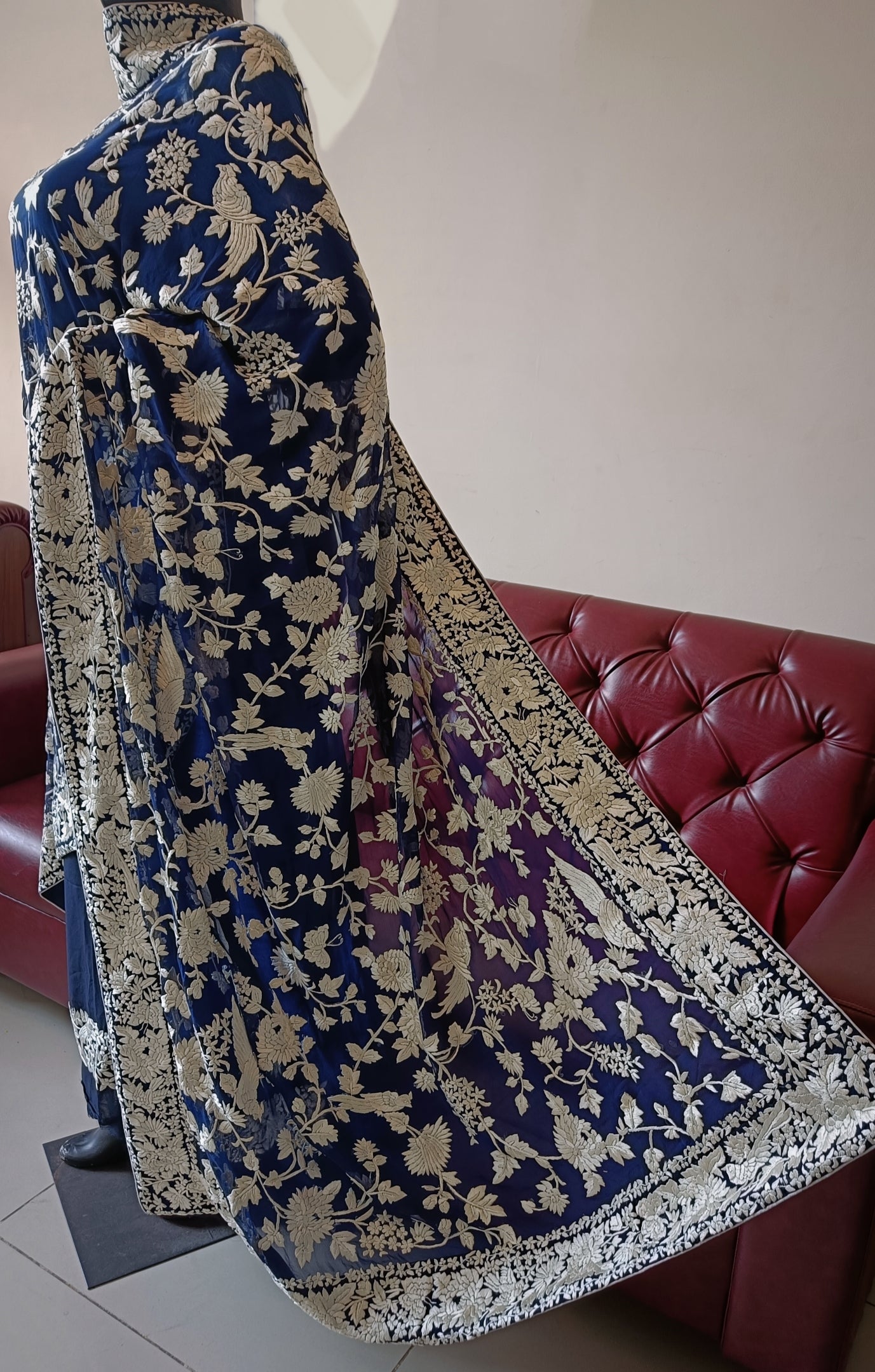 Navy Blue and Ivory Masterpiece Parsi Gara Hand Embroidered Dupatta