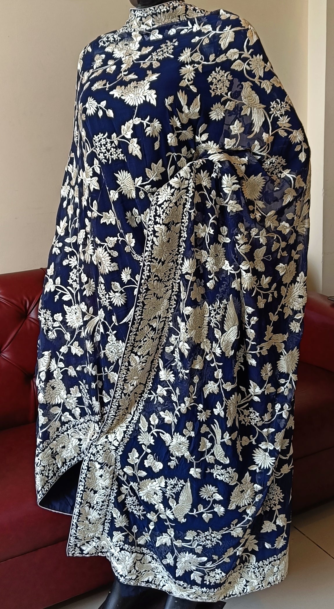 Navy Blue and Ivory Masterpiece Parsi Gara Hand Embroidered Dupatta