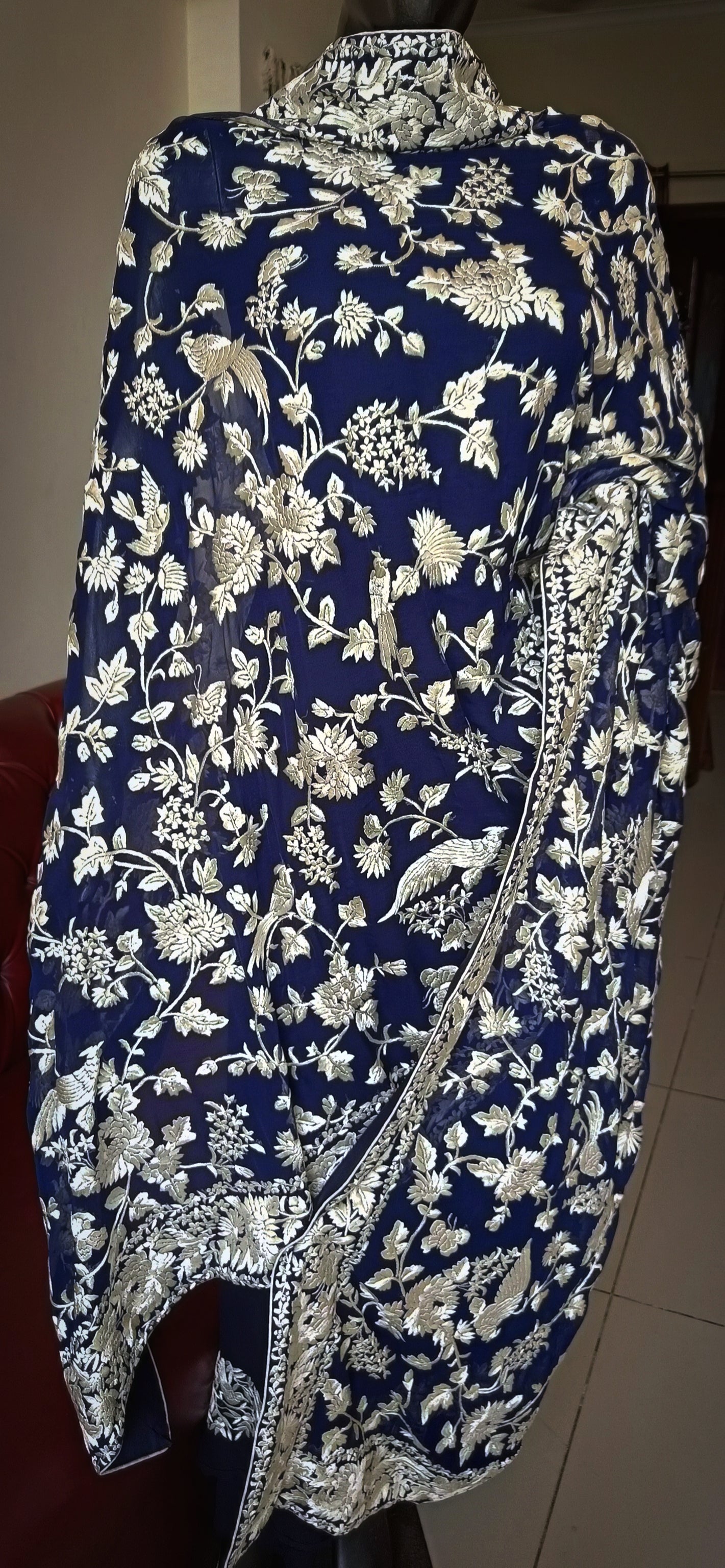 Navy Blue and Ivory Masterpiece Parsi Gara Hand Embroidered Dupatta