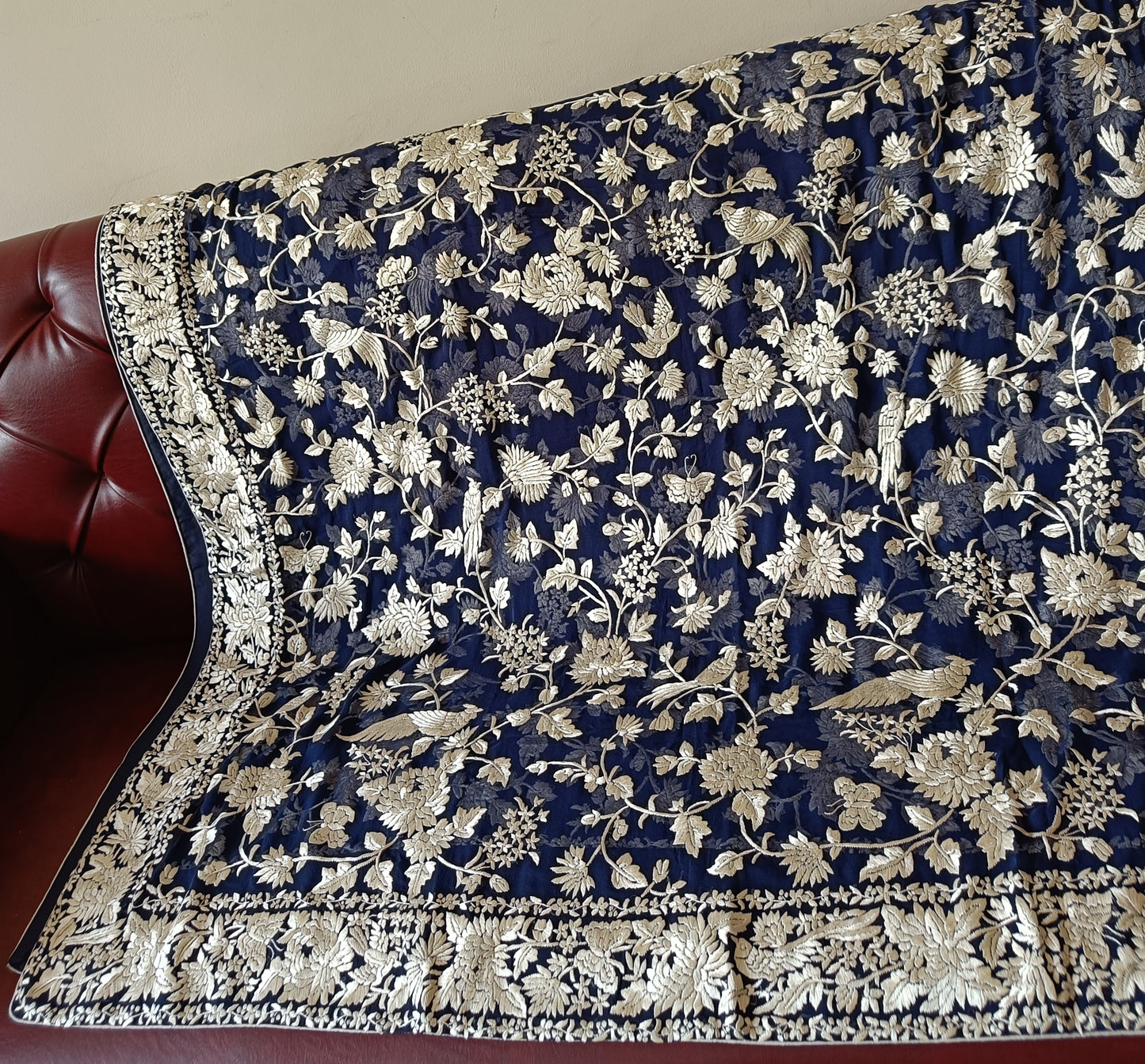 Navy Blue and Ivory Masterpiece Parsi Gara Hand Embroidered Dupatta