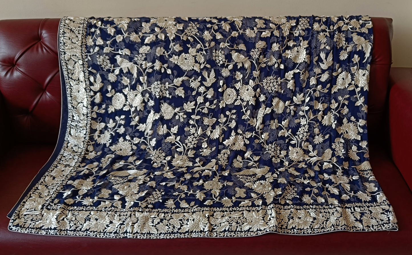 Navy Blue and Ivory Masterpiece Parsi Gara Hand Embroidered Dupatta