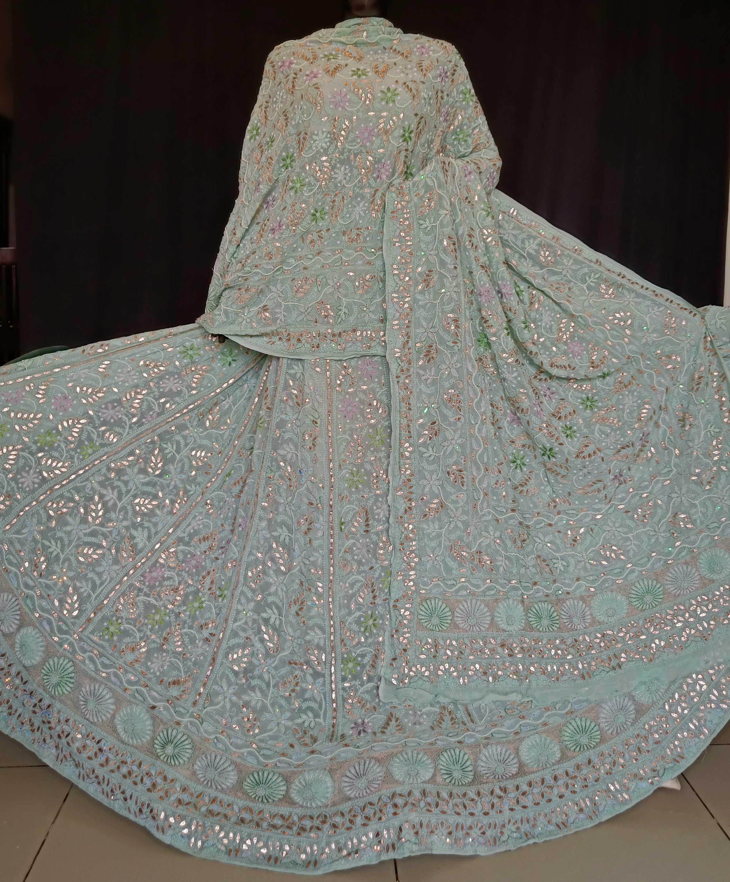 Ruhani Sage Green Chikankari resham pearl sequins gota patti lehenga s