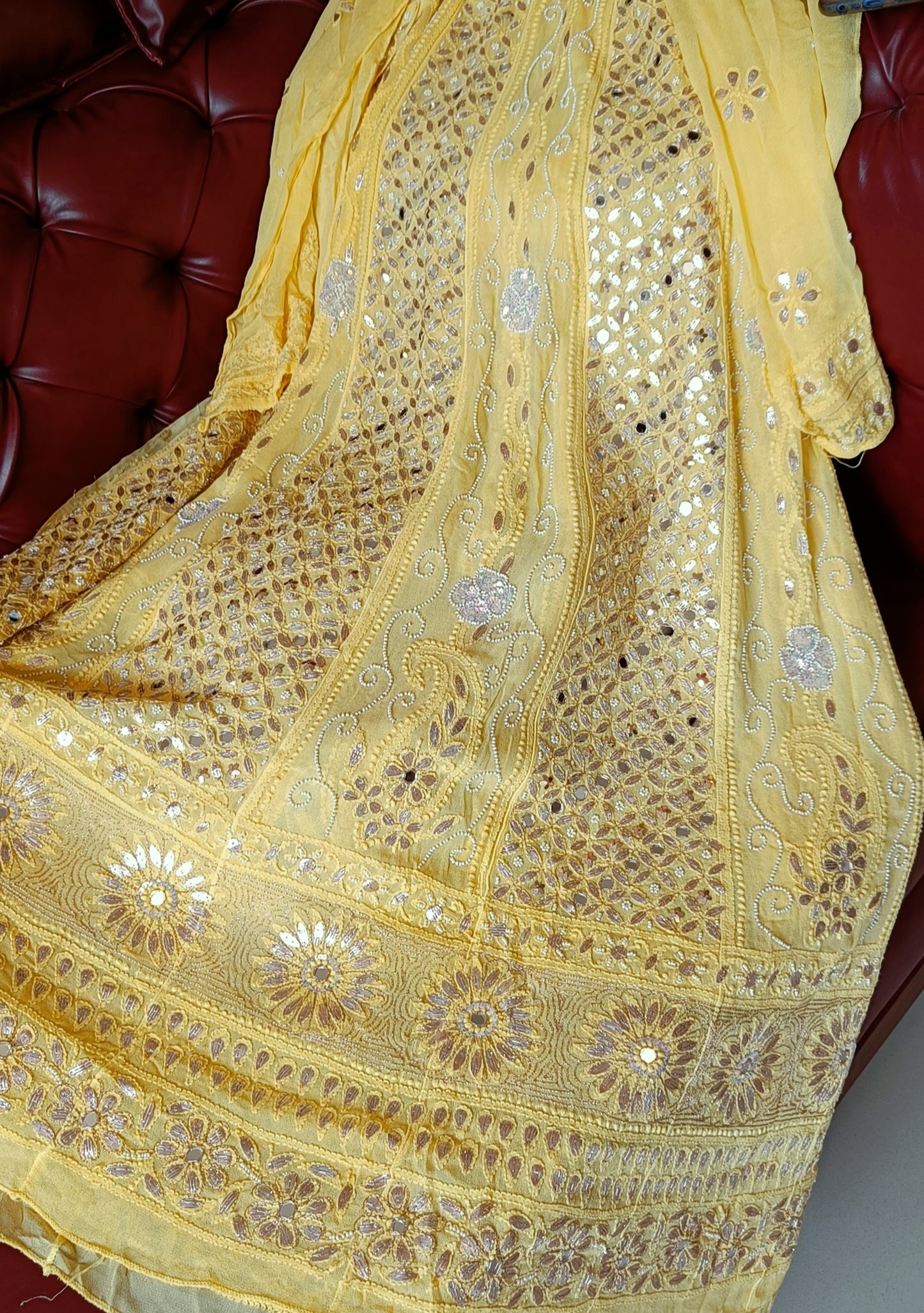 Yellow Chikankari Mirror Pearl Sequins Work Anarkali with Dupatta