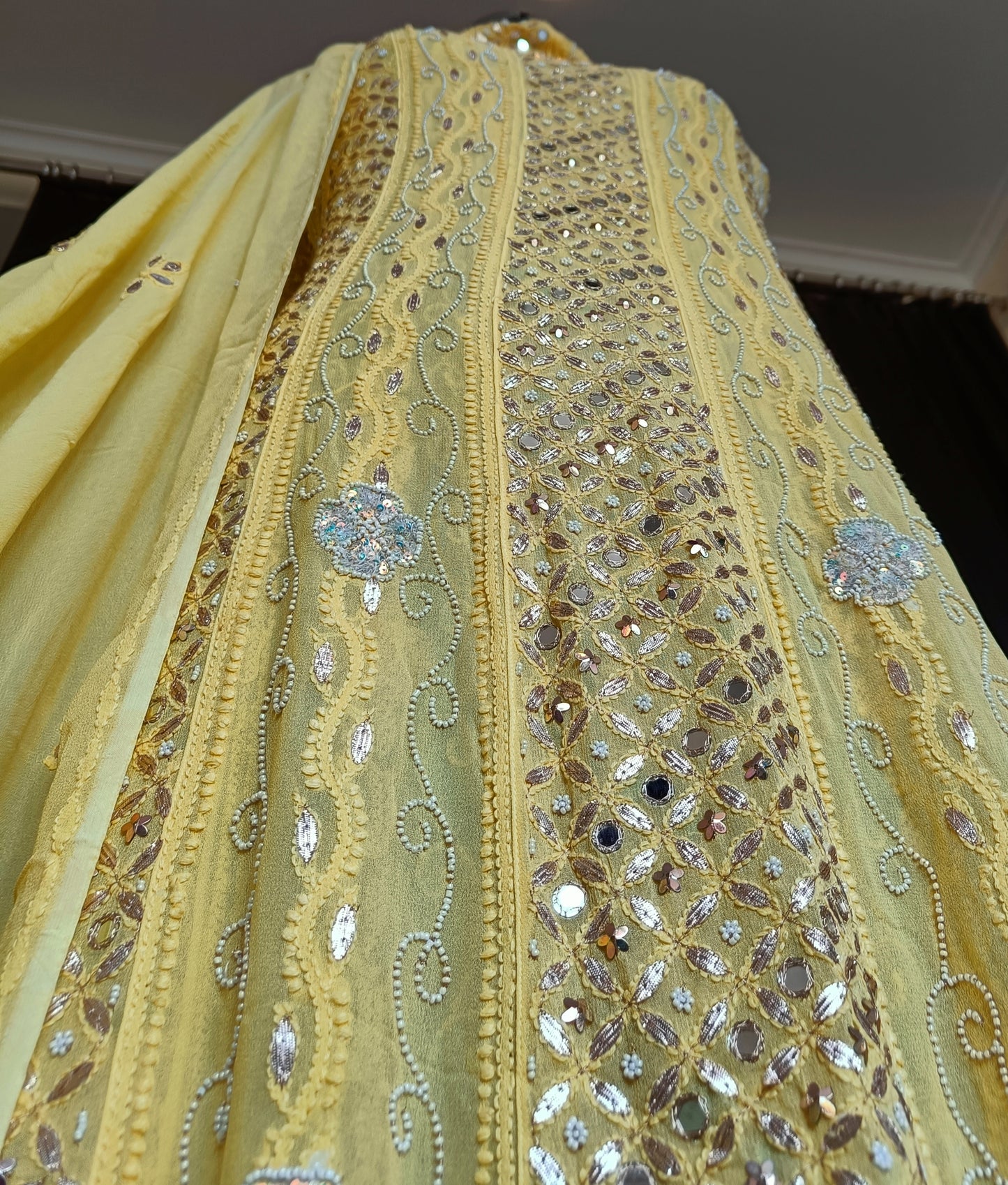 Yellow Chikankari Mirror Pearl Sequins Work Anarkali with Dupatta