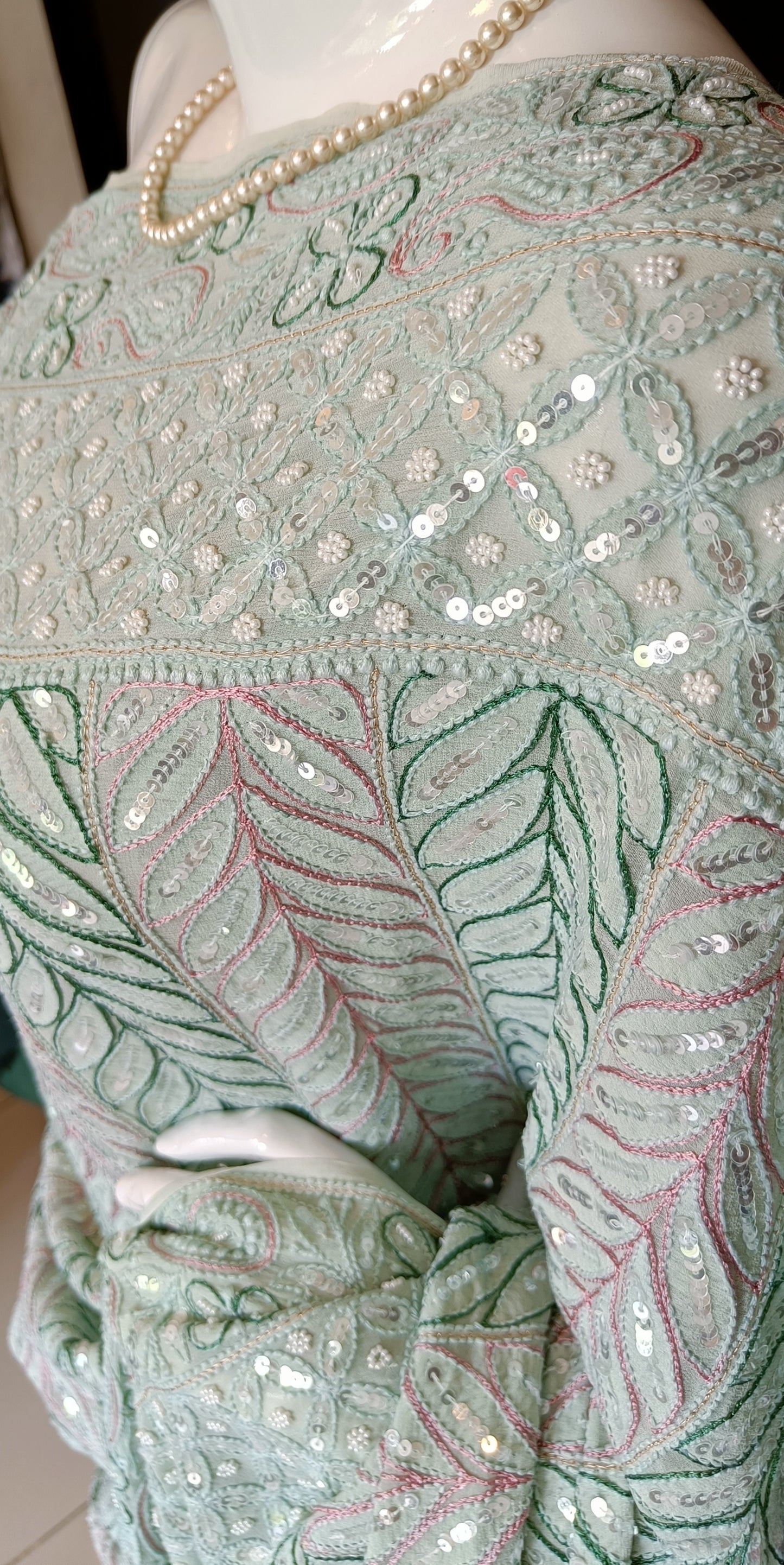 Ruhani Sage Green Chikankari Saree with Pearl Sequins and Resham Embroidery