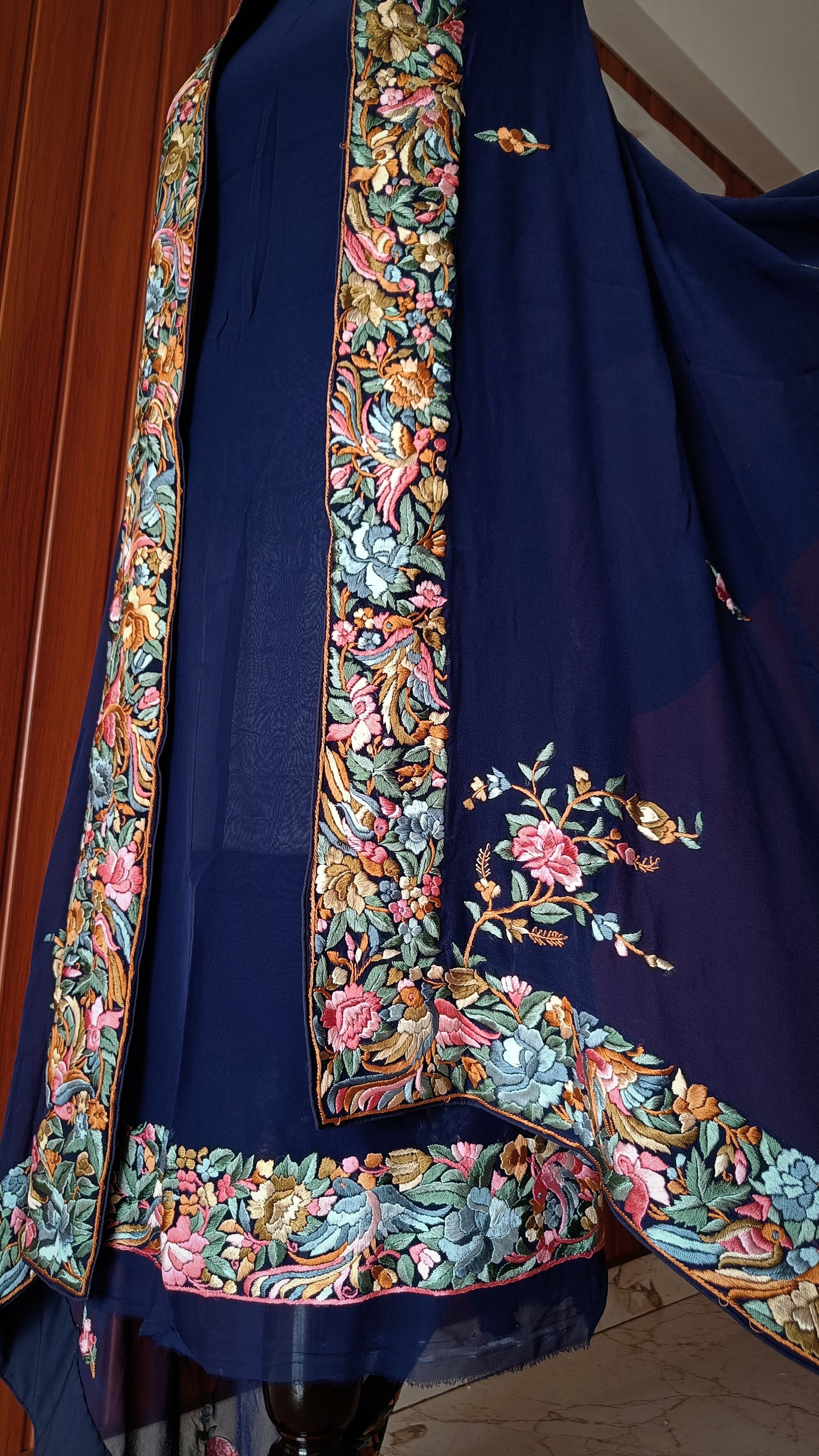 Navy Blue Parsi Gara Hand Embroidered Kurta and Dupatta