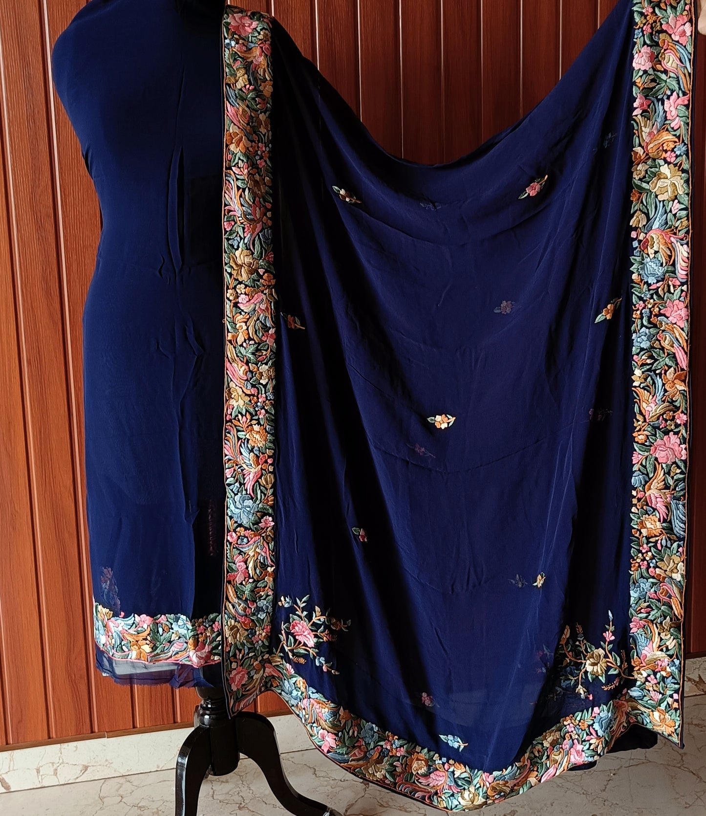 Navy Blue Parsi Gara Hand Embroidered Kurta and Dupatta