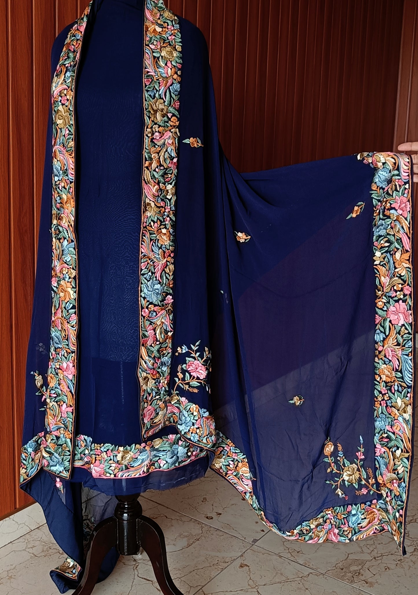 Navy Blue Parsi Gara Hand Embroidered Kurta and Dupatta