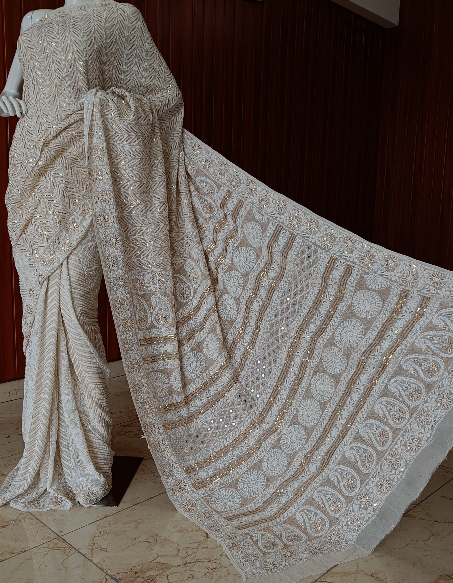 Ruhani Ivory Chikankari Saree with heavy Sequins Pearl and Aari Embroidery