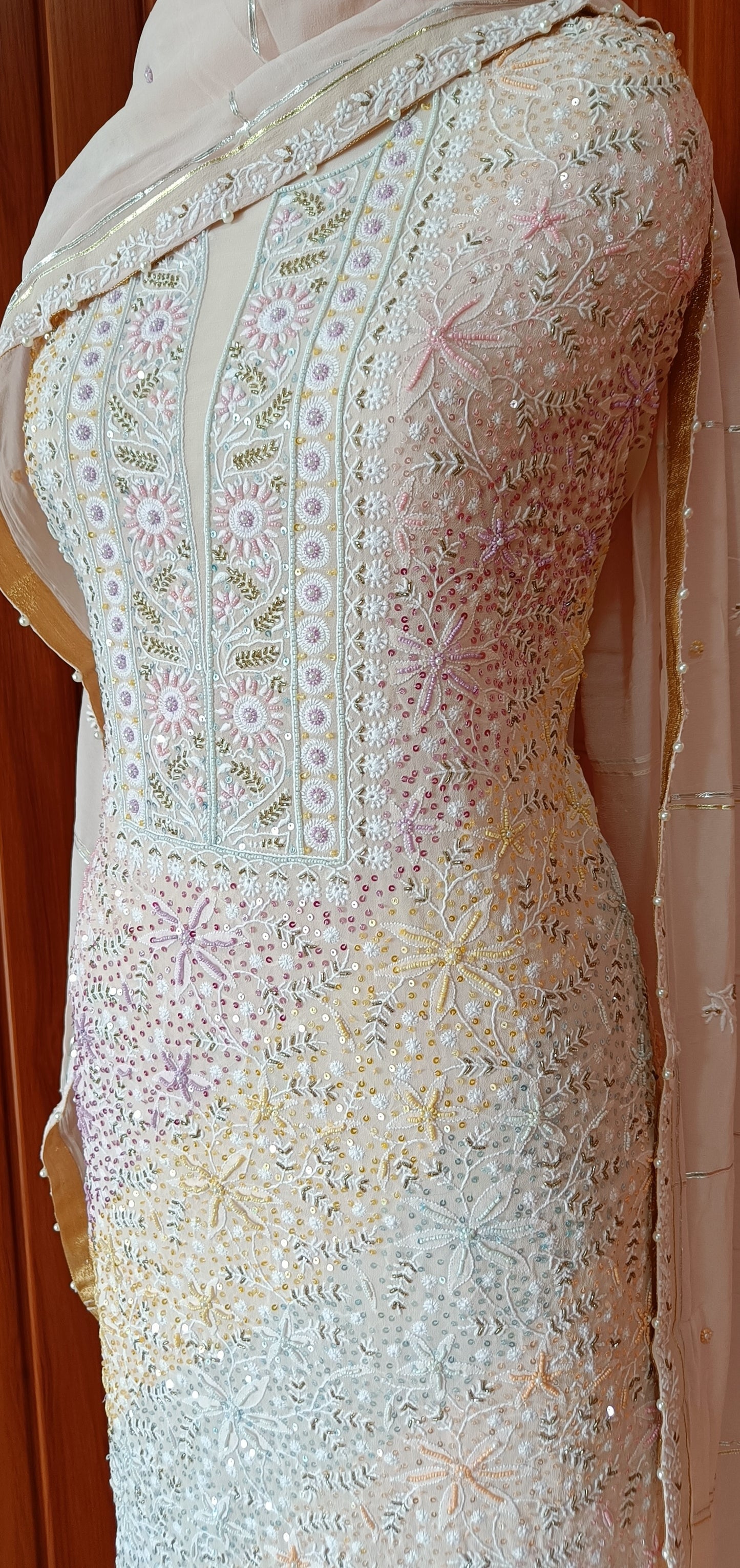 Ruhani Dusty Pink Chikankari with Multicolored Sequins Pearl and Cut Dana Suit