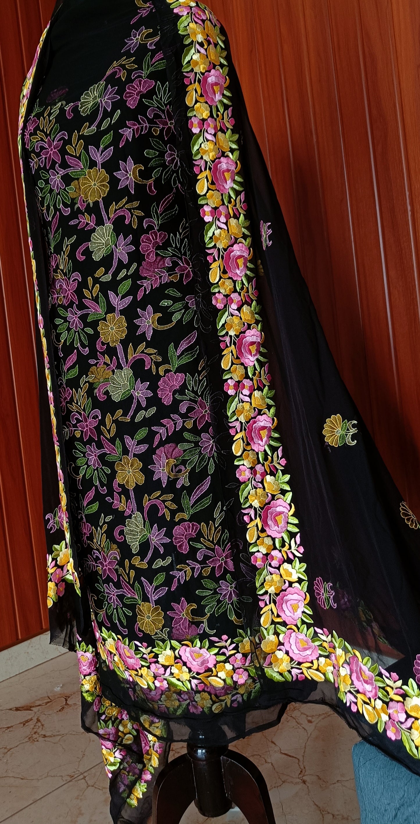 Black Resham Hand Embroidered Parsi Gara kurta and dupatta set