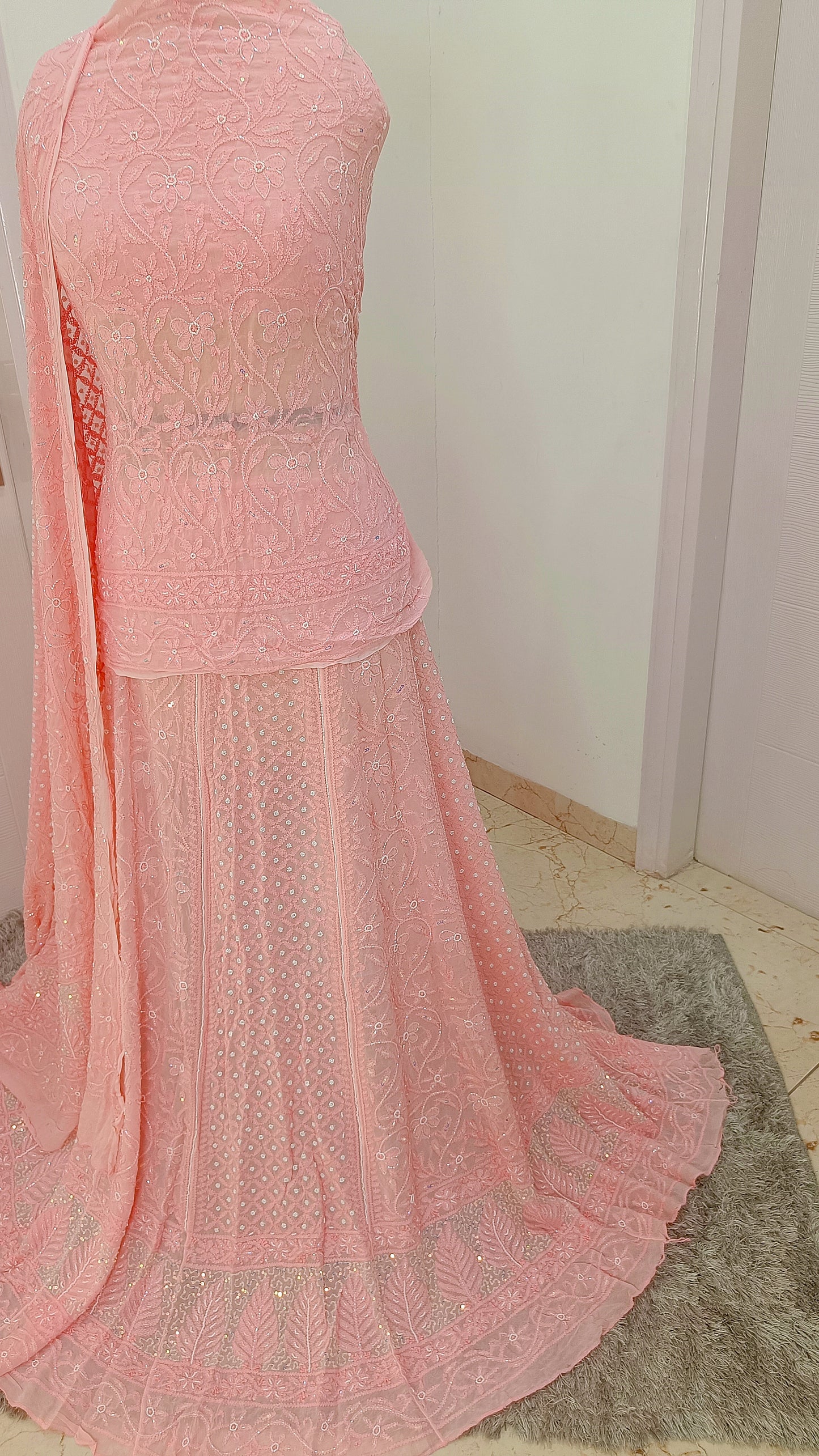 Coral Peach Chikankari Cut Dana Pearl Sequins Lehenga