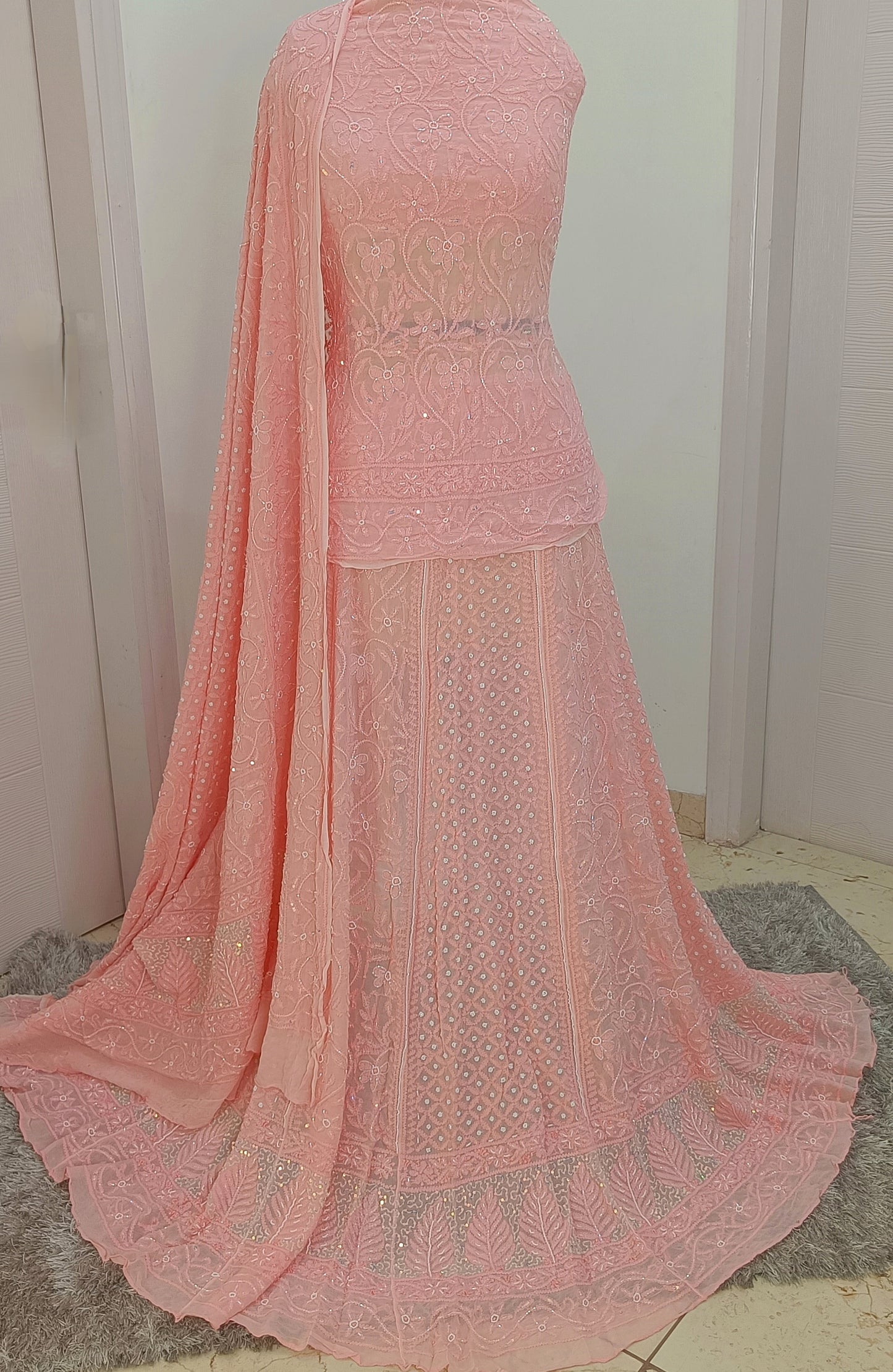 Coral Peach Chikankari Cut Dana Pearl Sequins Lehenga