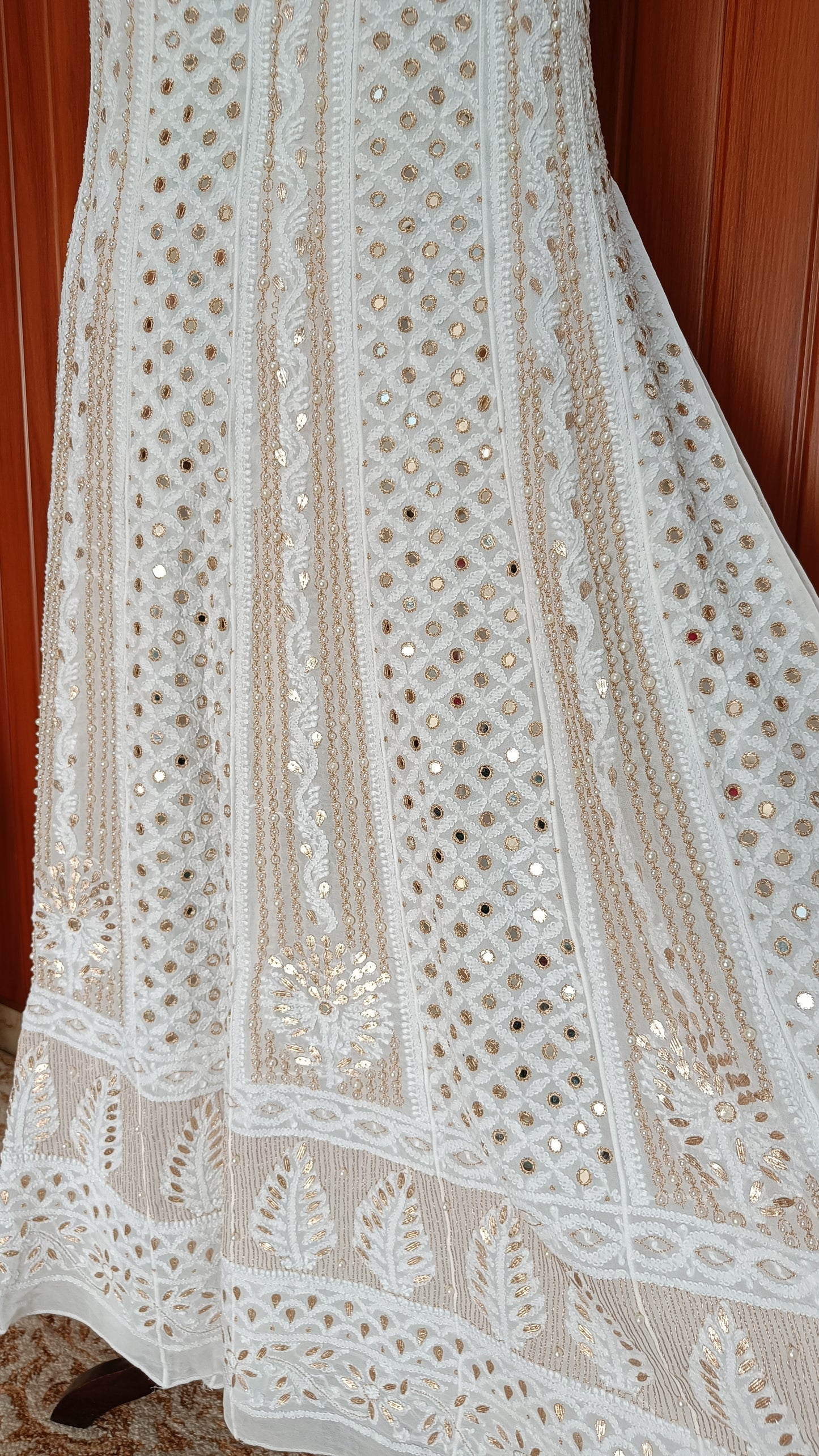 White Chikankari Mirror Gota Patti Pearl Anarkali with Dupatta