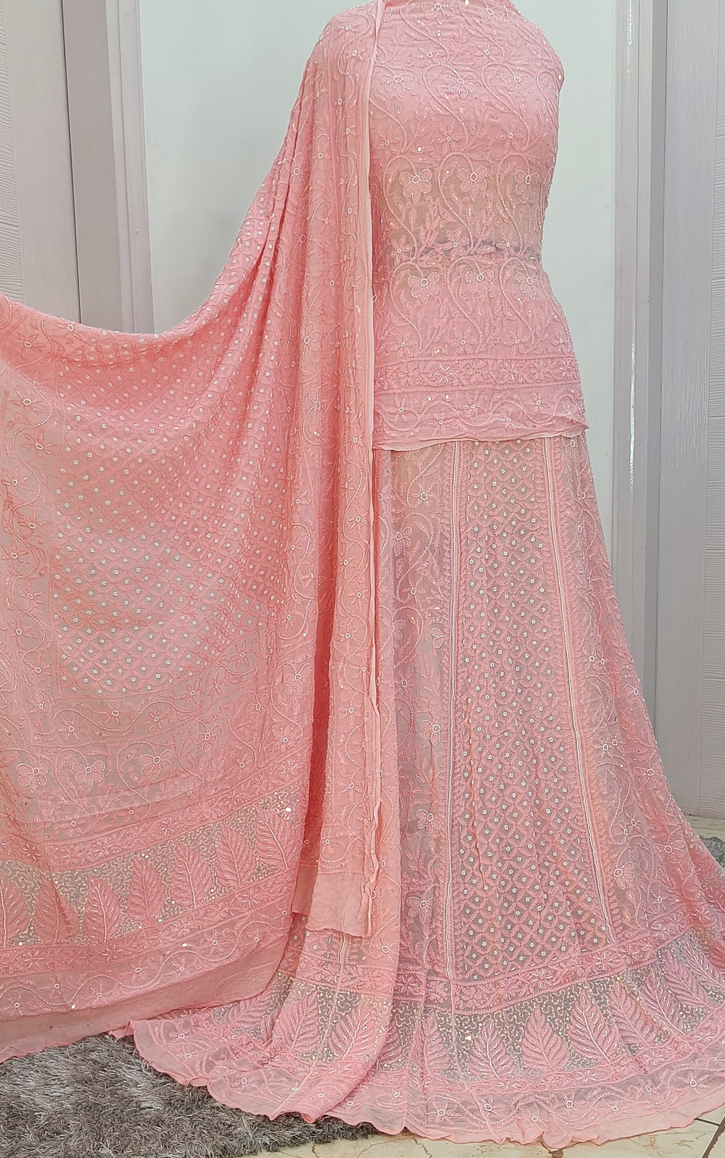 Coral Peach Chikankari Cut Dana Pearl Sequins Lehenga