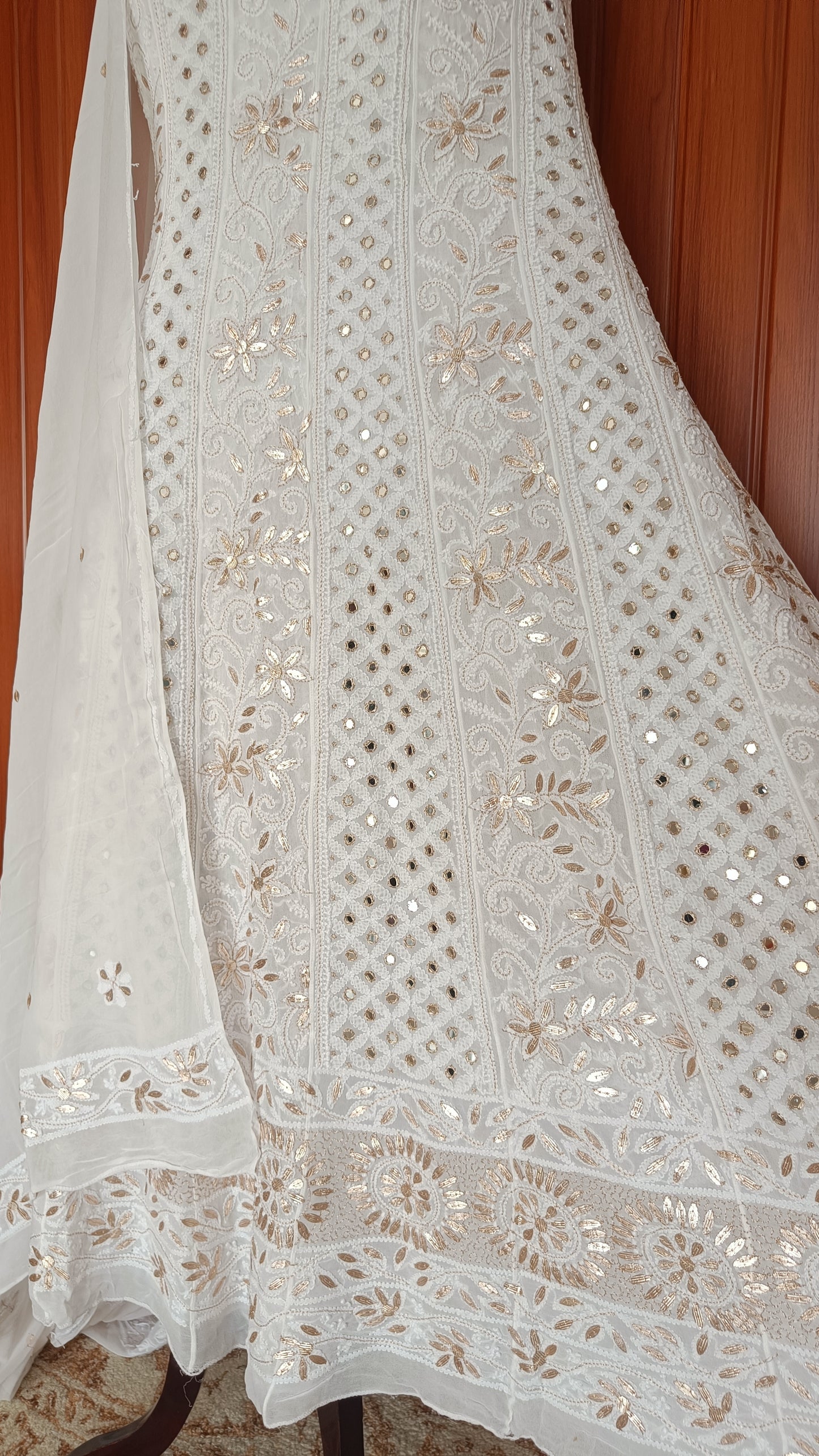 White Chikankari Mirror Gota Patti Anarkali with Dupattae