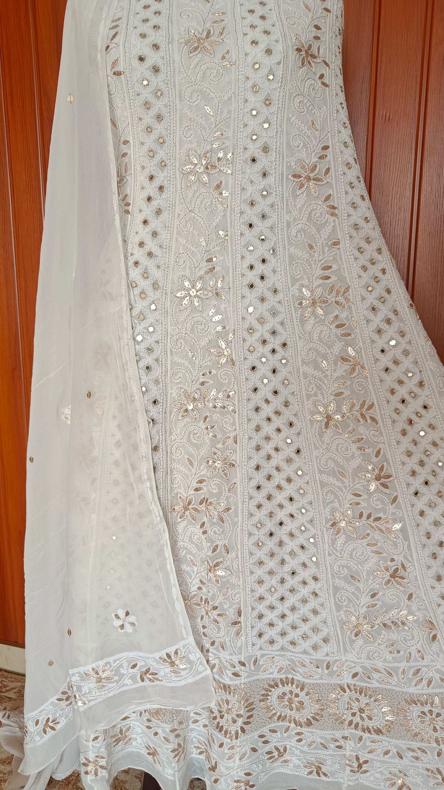 White Chikankari Mirror Gota Patti Anarkali with Dupattae