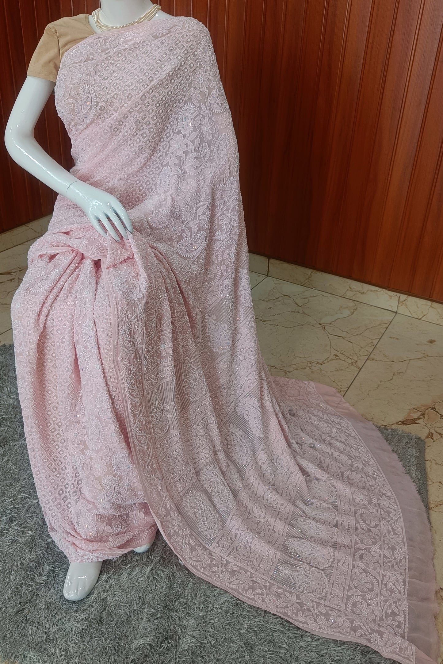 Ruhani Pink Chikankari and Pearl work Saree