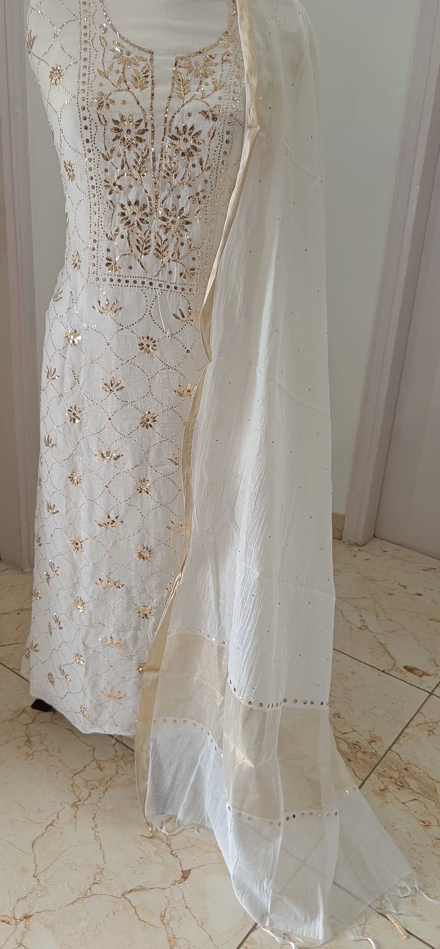 Ivory Mul Chanderi Allover Mukaish kurta dupatta set