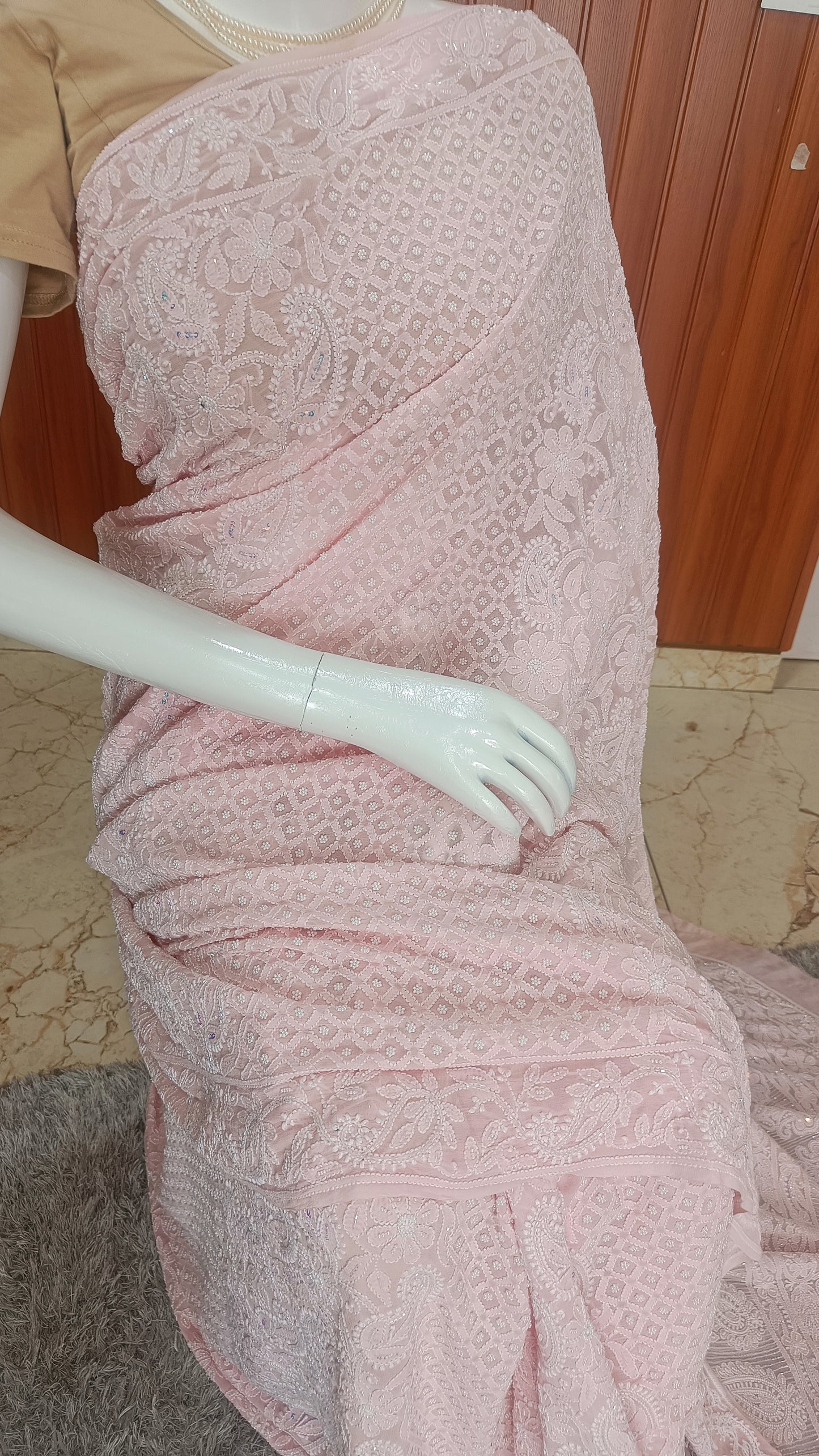 Ruhani Pink Chikankari and Pearl work Saree