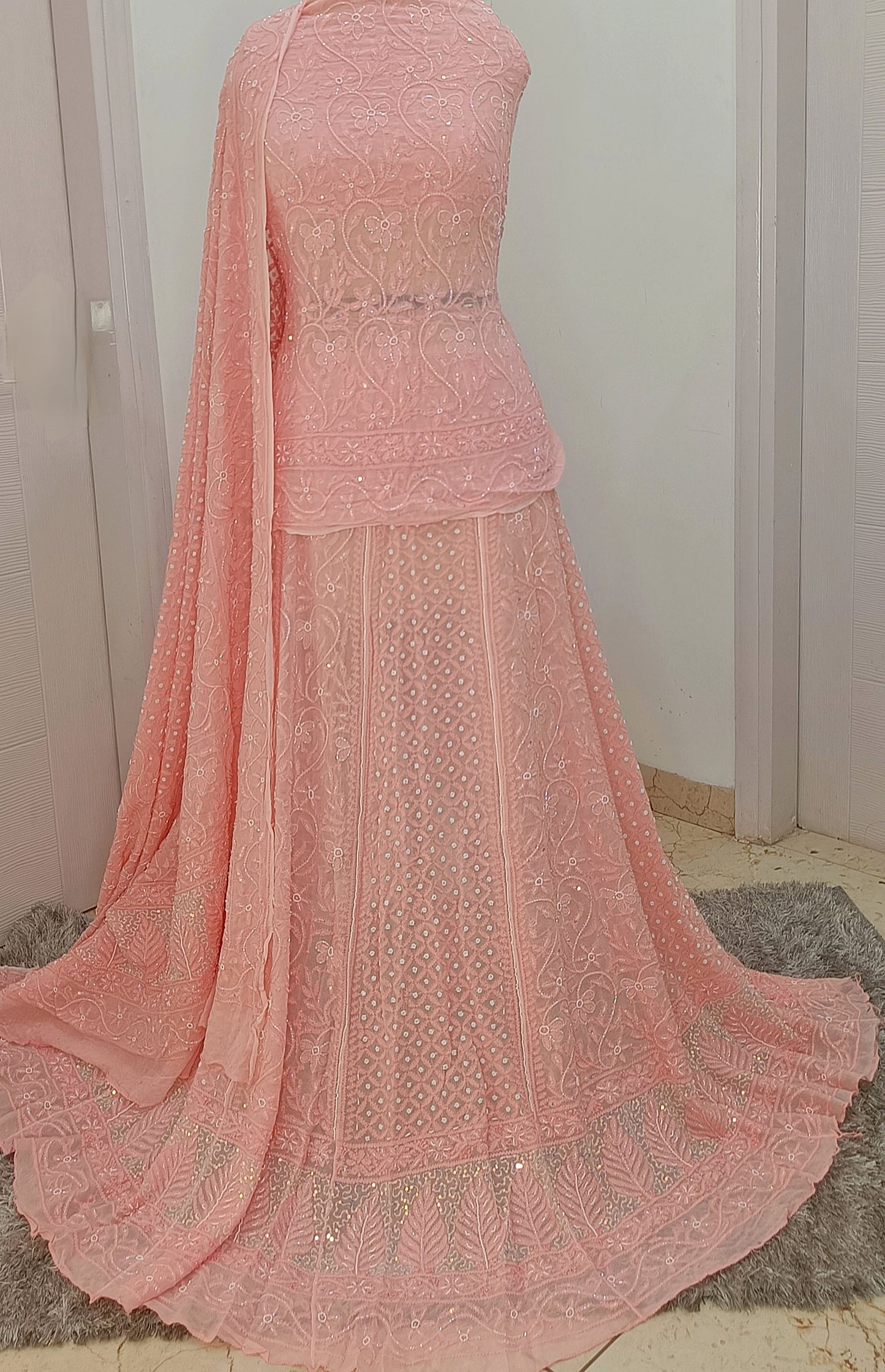 Coral Peach Chikankari Cut Dana Pearl Sequins Lehenga