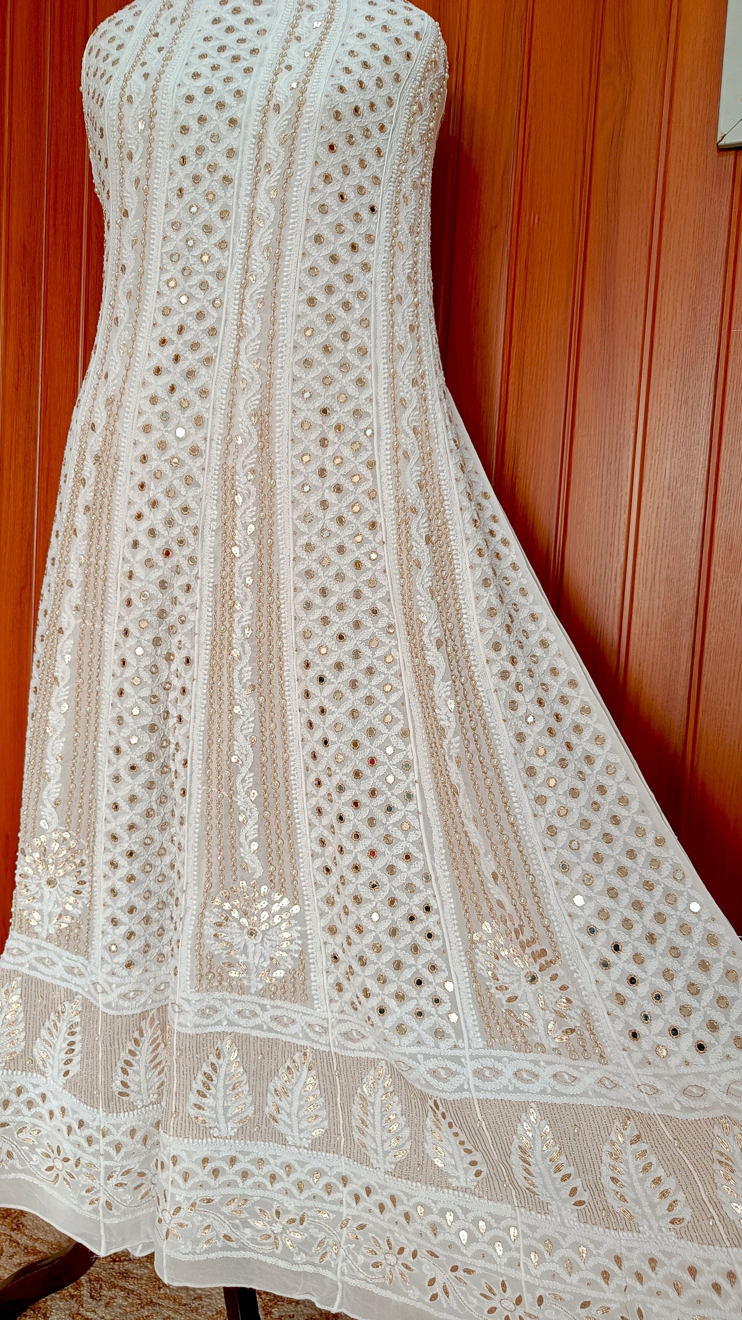 White Chikankari Mirror Gota Patti Pearl Anarkali with Dupatta