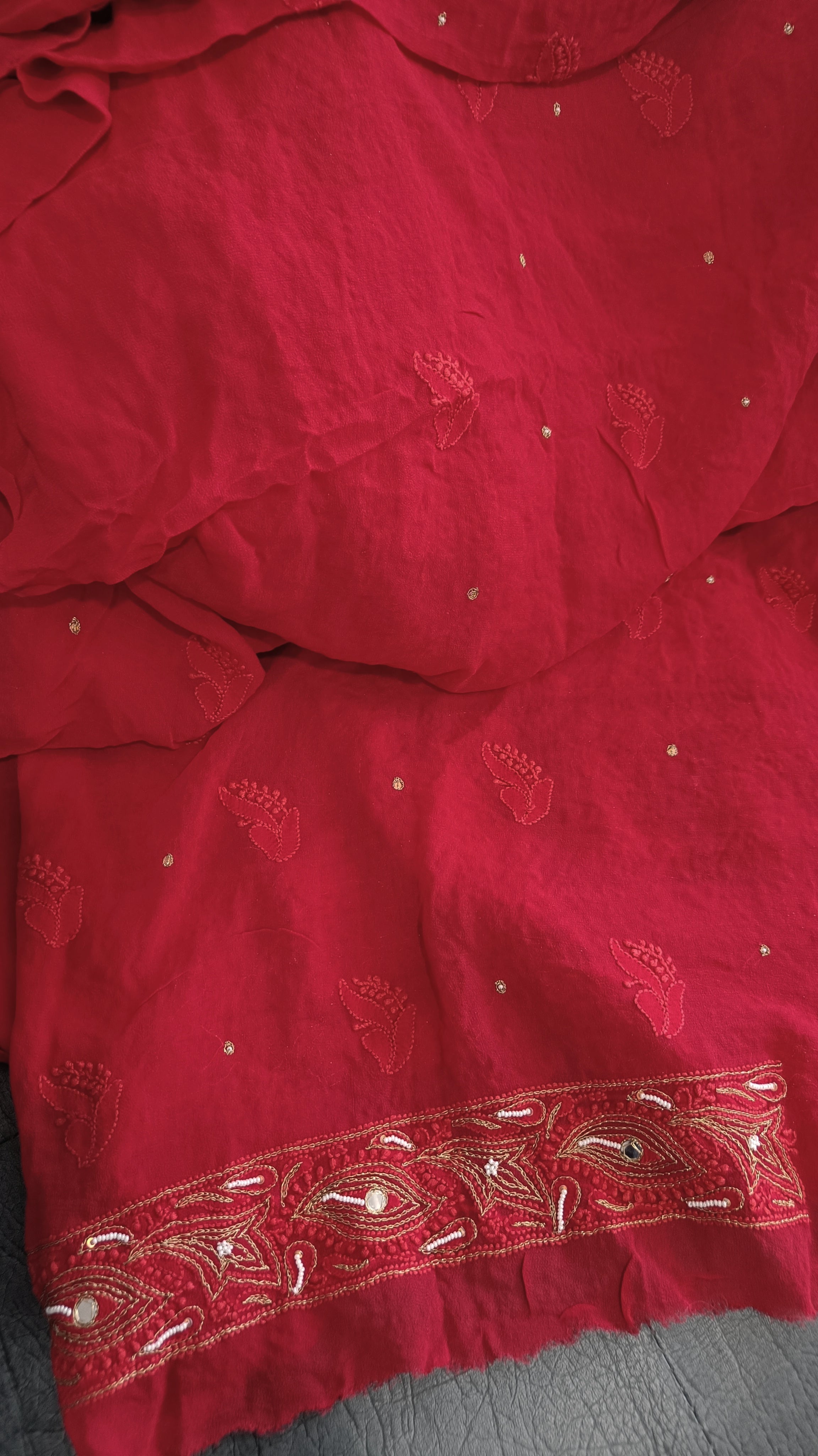 Red Chikankari Pearl and Aari work Kurta and Dupatta