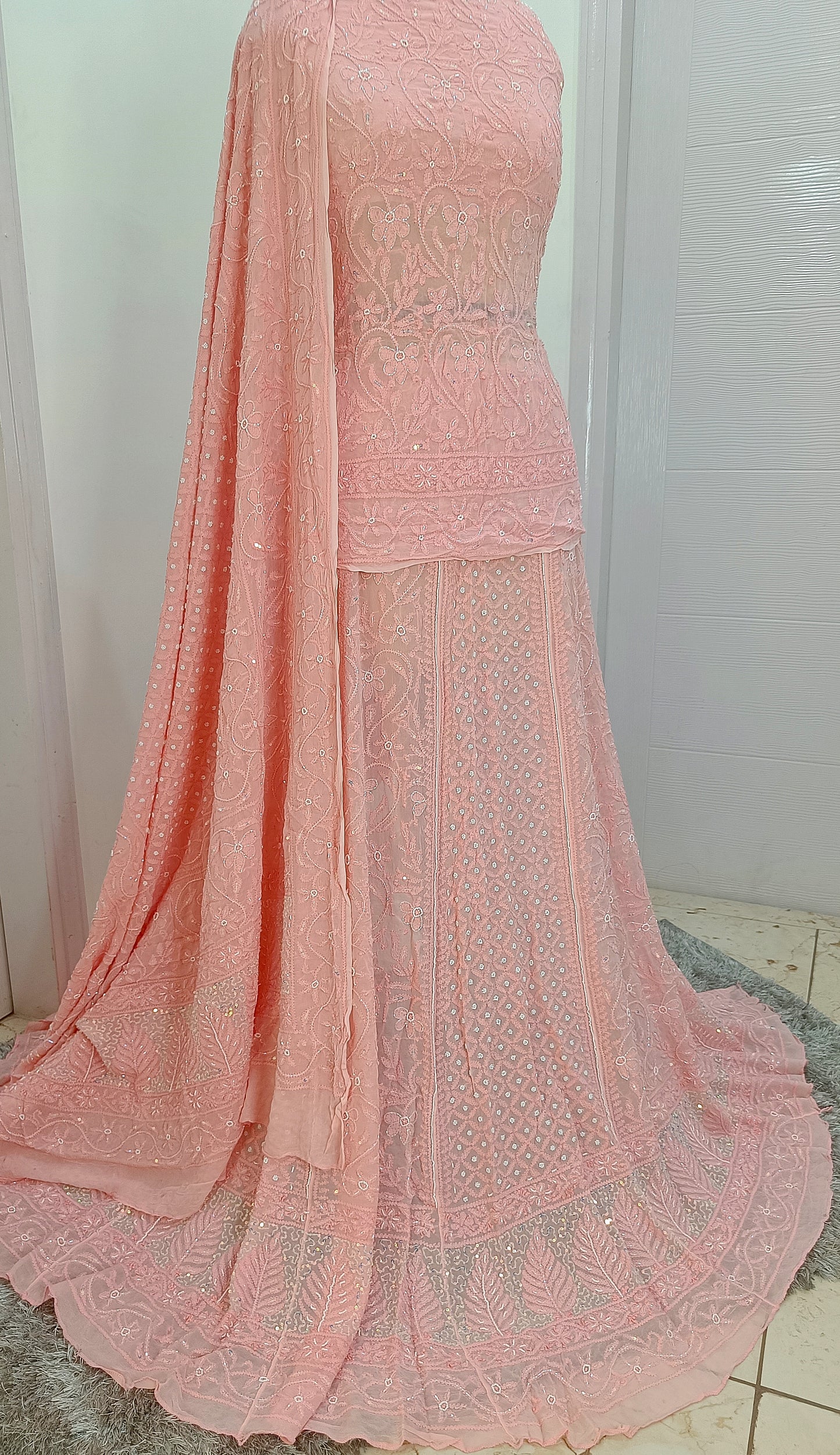 Coral Peach Chikankari Cut Dana Pearl Sequins Lehenga